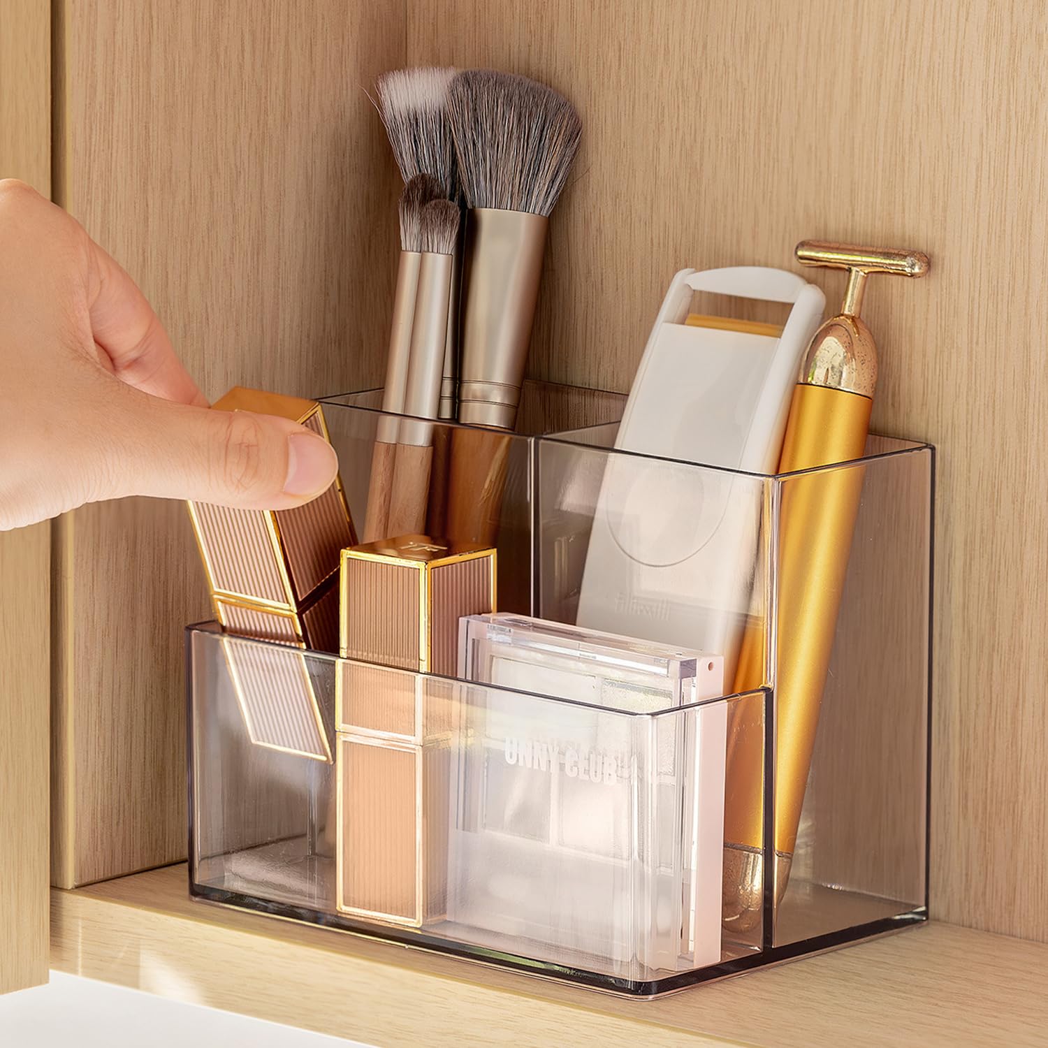 mioluo Clear PET Makeup Organizer, Lipstick Brush Holder for Bathroom Cabinet- Transparent Medicine Cabinet Organizer Multi Compartment Storage Box Holder for Countertop, Home Office Classroom