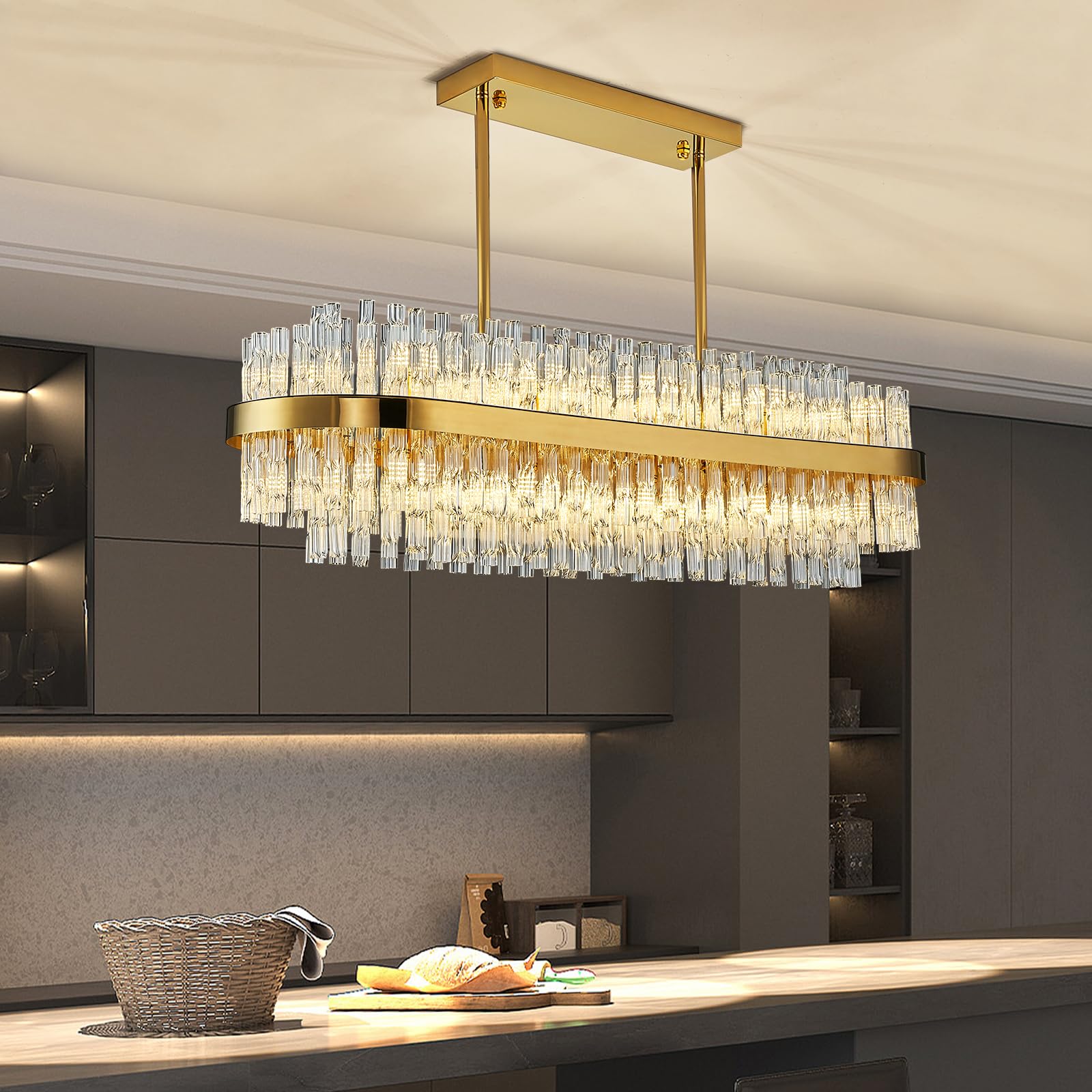 Siljoy L40'' Modern Crystal Chandeliers, Gold Rectangular K9 Crystal Raindrop Chandelier Lighting, Contemporary Crystal Pendant Ceiling Light Fixture for Dining Living Room Kitchen Island, G9 x 20