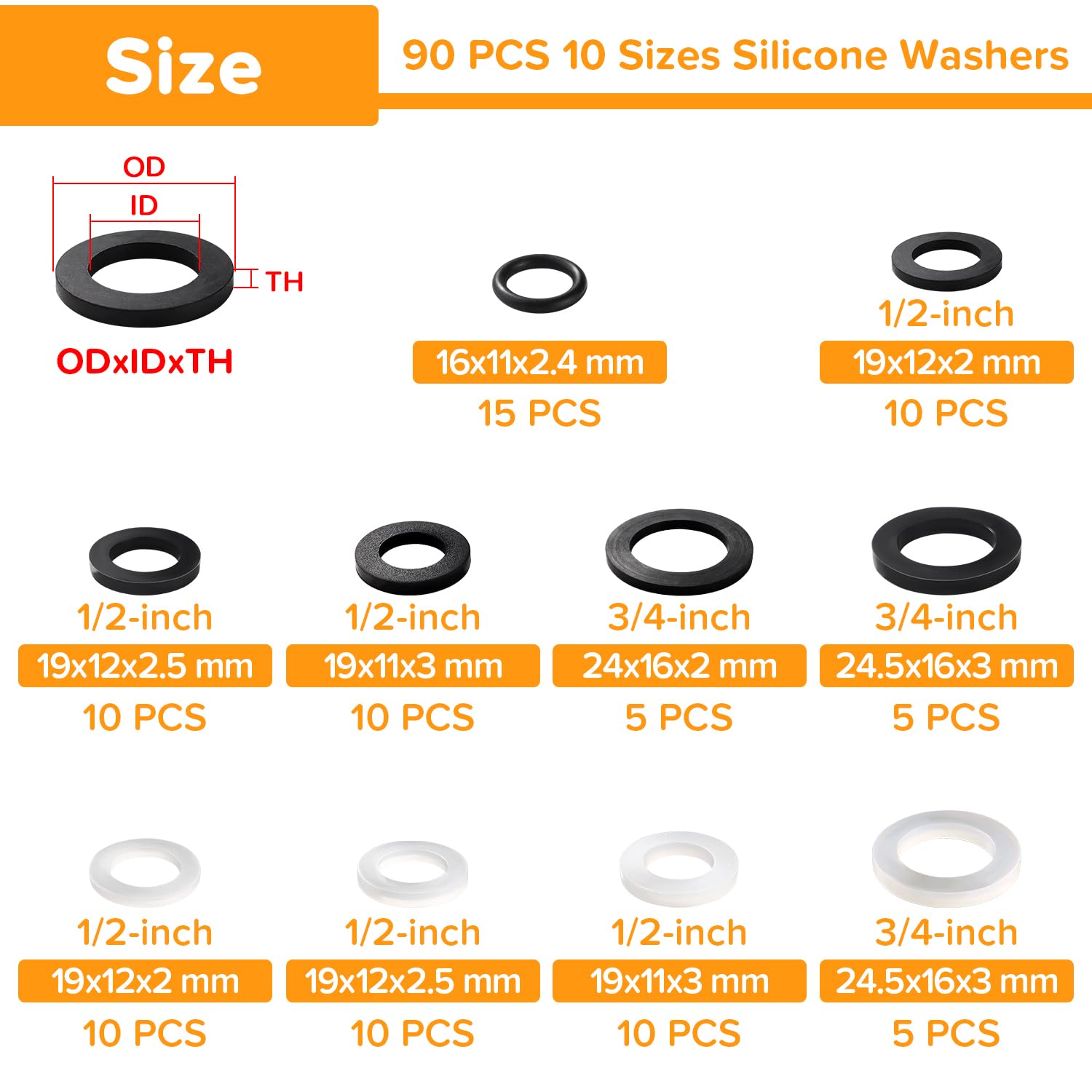 Lyeteung 90 PCS 1/2 3/4 Inch Hose Washers Kit, Rubber Tap Seal Gaskets, Seal O Ring Gasket, Shower Hose Silicone Washers - Image 2
