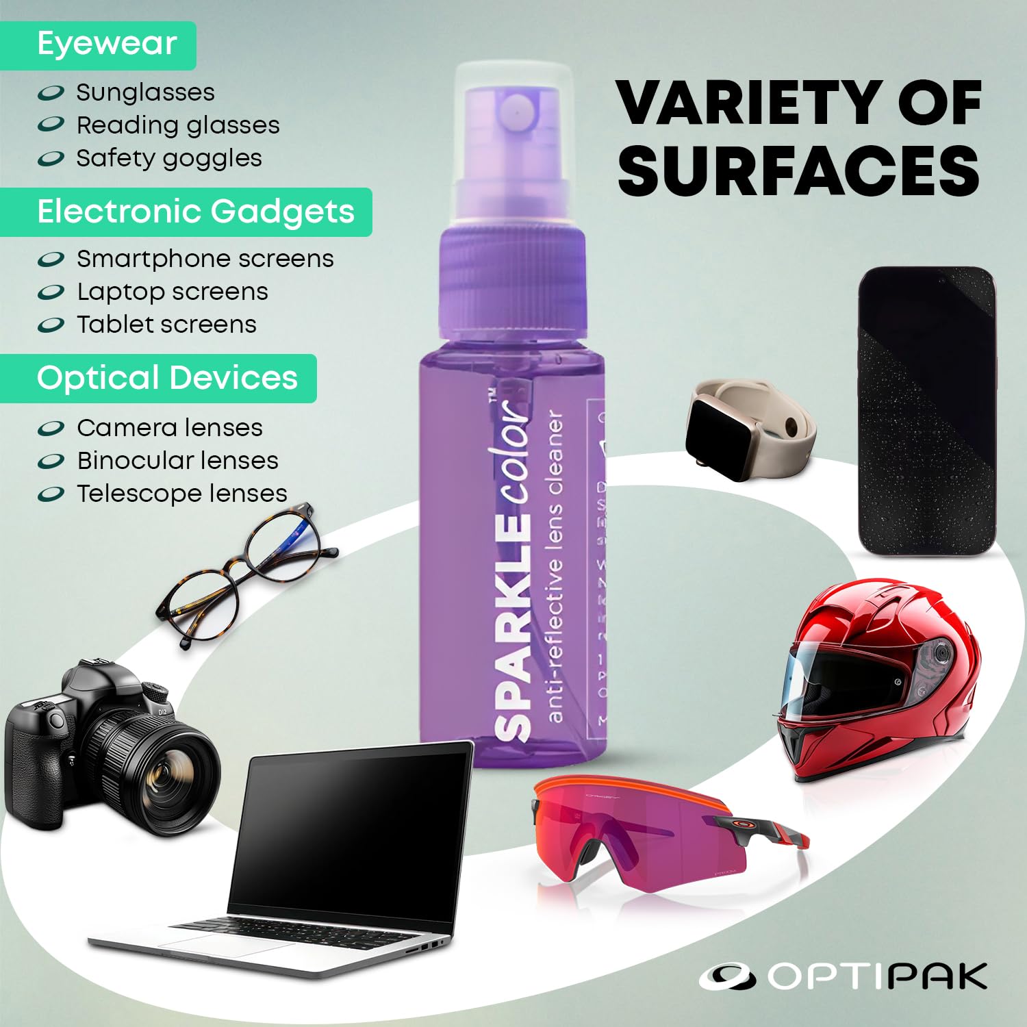 Sparkle - Kit de spray limpiador de lentes seguro antirreflectante – (2) aerosoles limpiadores de gafas de 1 onza, (5) toallitas prehumedecidas para lentes y (1) bolsa multiusos para gafas, lentes y