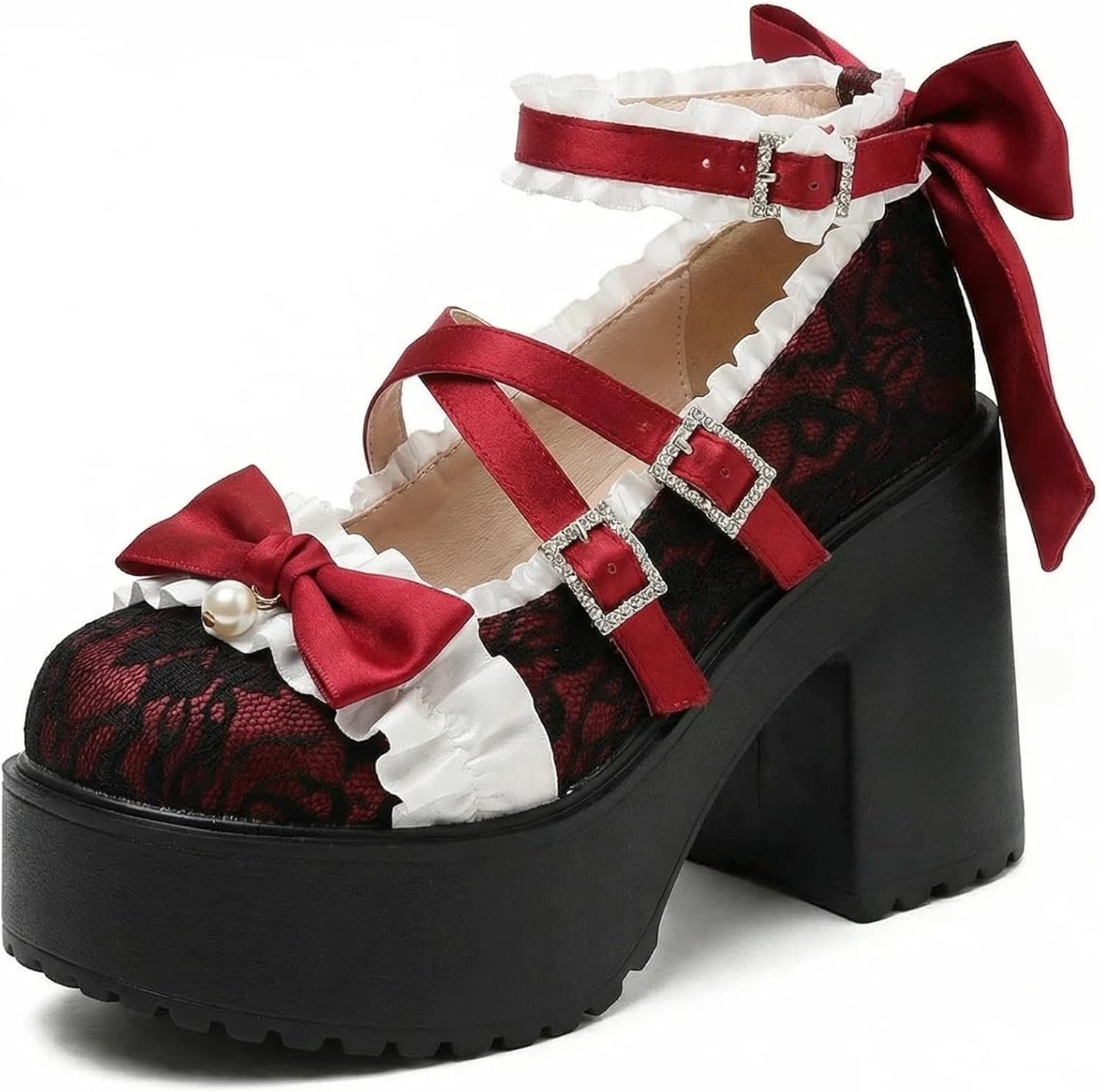 Kawaii Mary Jane Heels for Women Cute Lolita Shoes Chunky Platform Round Toe Bow Cross Strap Lace Buckle Comfy Party Cosplay Shoes
