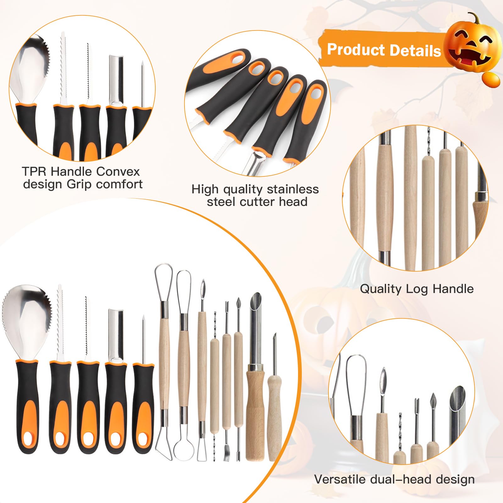 Set da intaglio zucca 13 pezzi in acciaio inox per Halloween con custodia