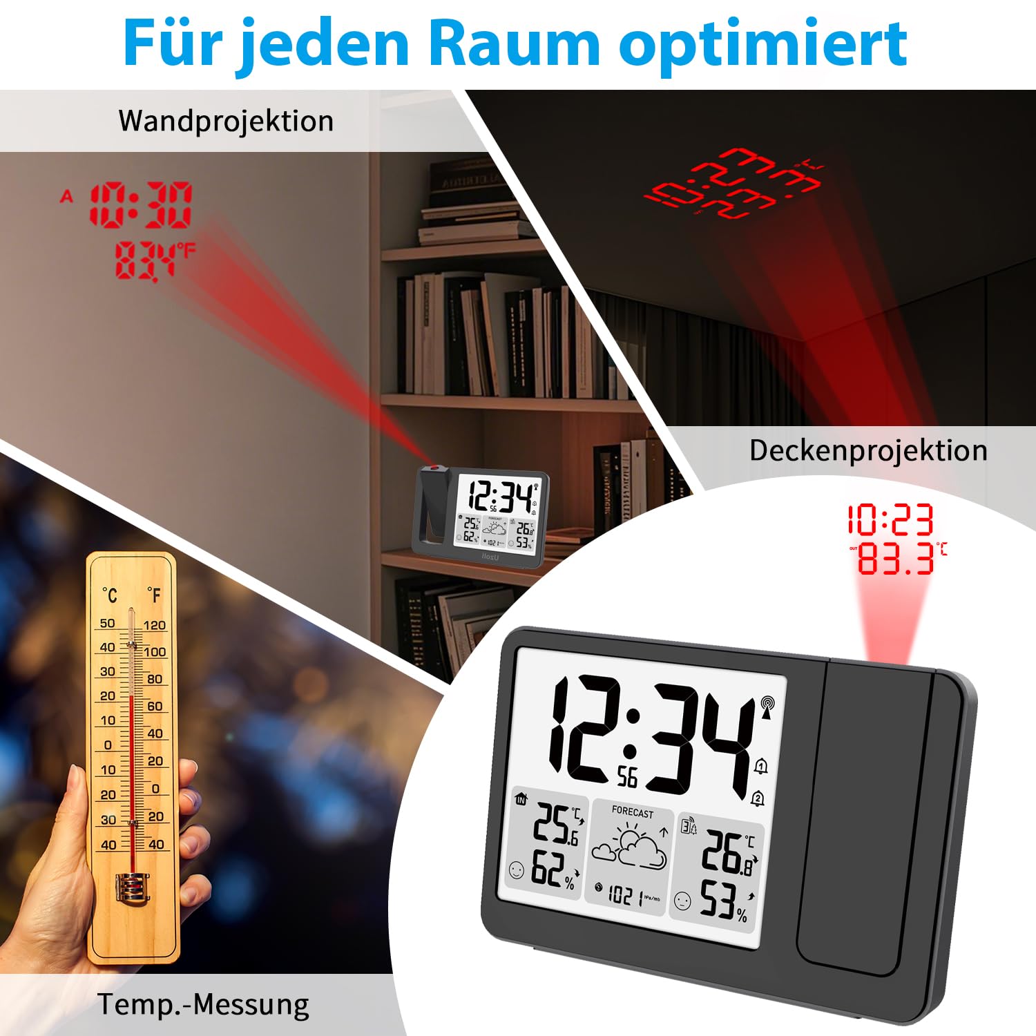 Uzoli EM3539E Projektionsuhr mit Wetterstation, DCF Funkuhr, 180° drehbare Projektion, Temperatur, Feuchtigkeit, Wettervorsage, 2 Wecker, Komfortstufen, Projektionswecker mit 1 drahtloser Außensensor