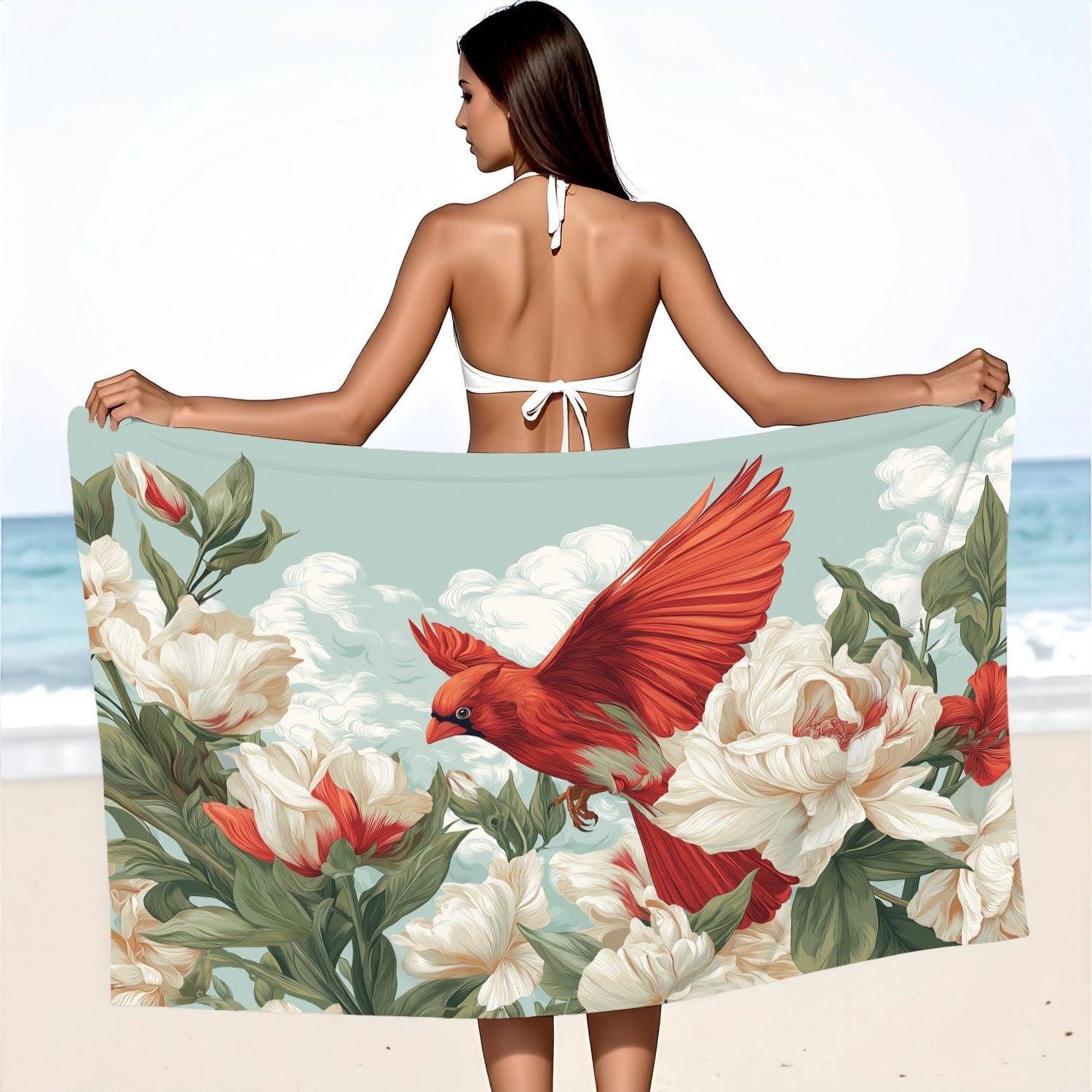 Natürlich, Floral-Prints Strandtuch 230 x 210 cm - Strandtuch trandtuch Leichtdünn Weich Farbintensive Vögel, Wolken,für Strand, Pool, Yoga, Picknick