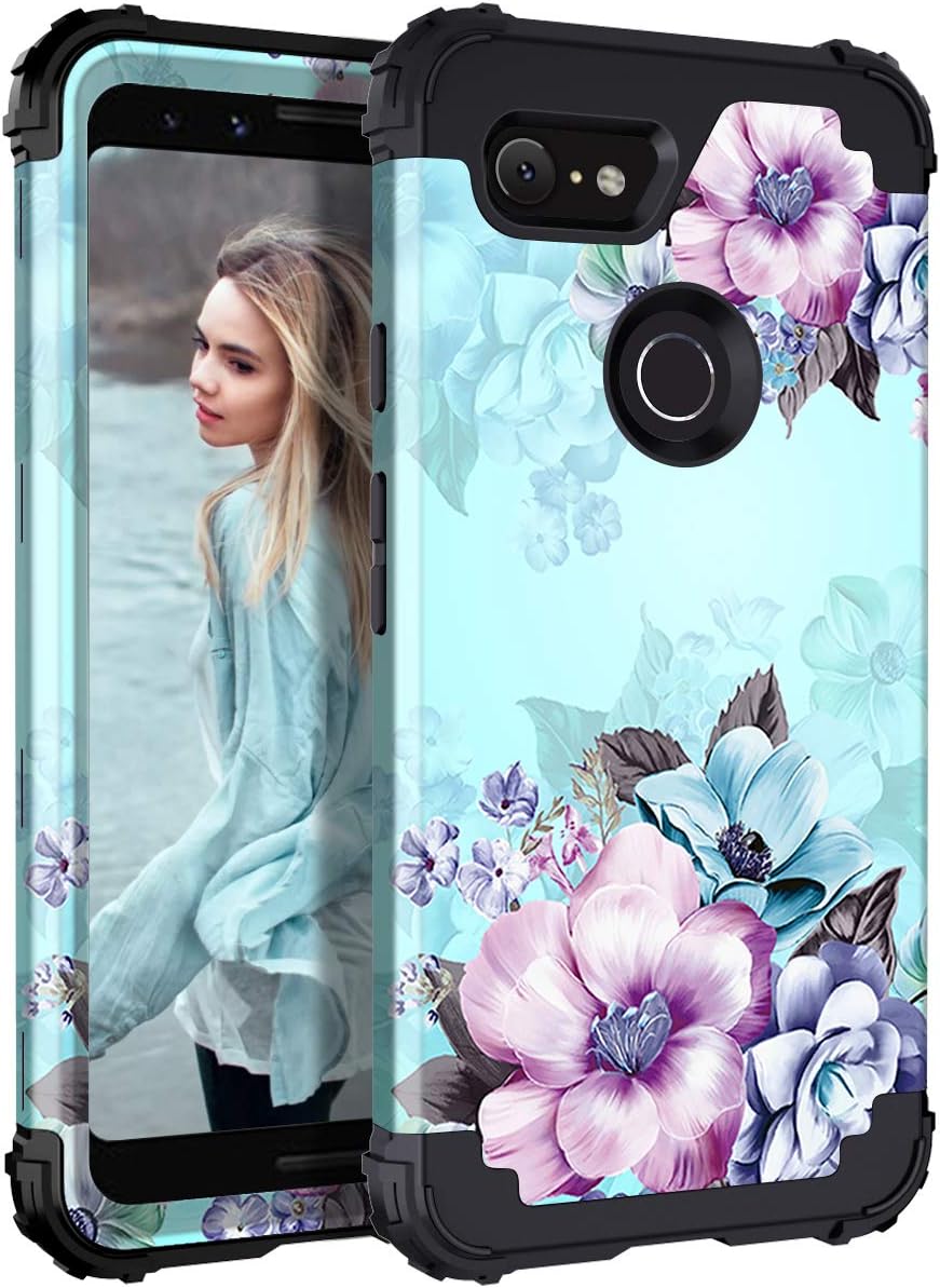 Casetego Compatible with Google Pixel 3 Case, Floral Three Layer Heavy Duty Hybrid Sturdy Shockproof Full Body Protective Cover Case for Google Pixel 3, Blue