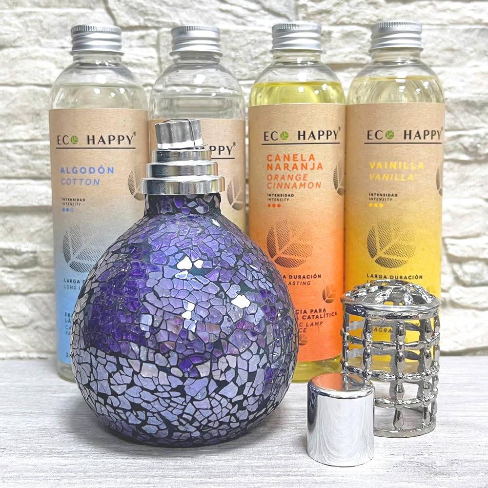 Pack lámpara catalítica Mosaico Azul Océano + Fragancia Aroma Vainilla Eco 245 ml - Elimina Malos olores, Limpia, sanea y perfuma el Ambiente