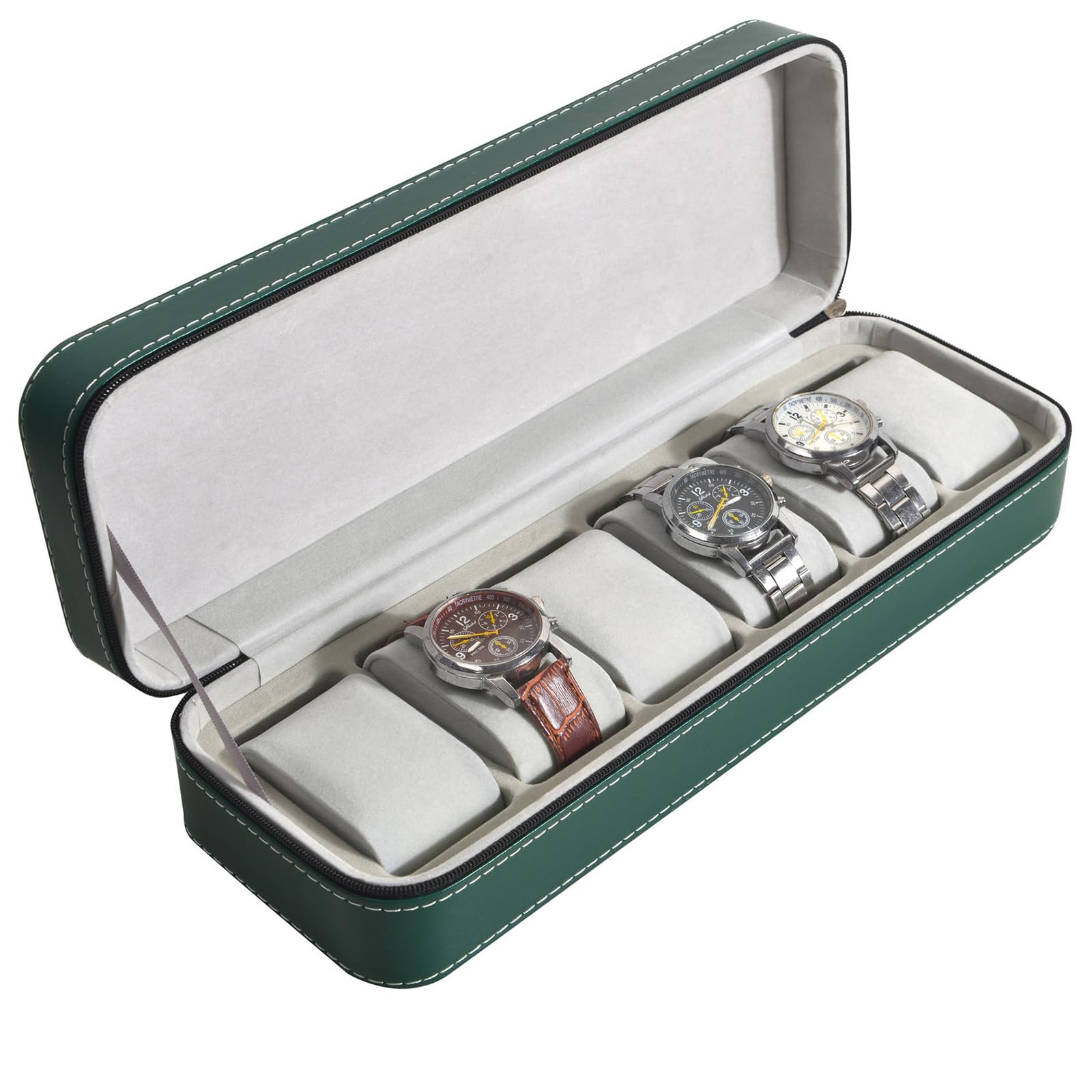 HVMBEUGOS Watch Storage Box 6 Slots Watch Display Holder Case PU Leather Jewelry Bracelet Collection Organiser with Zipper