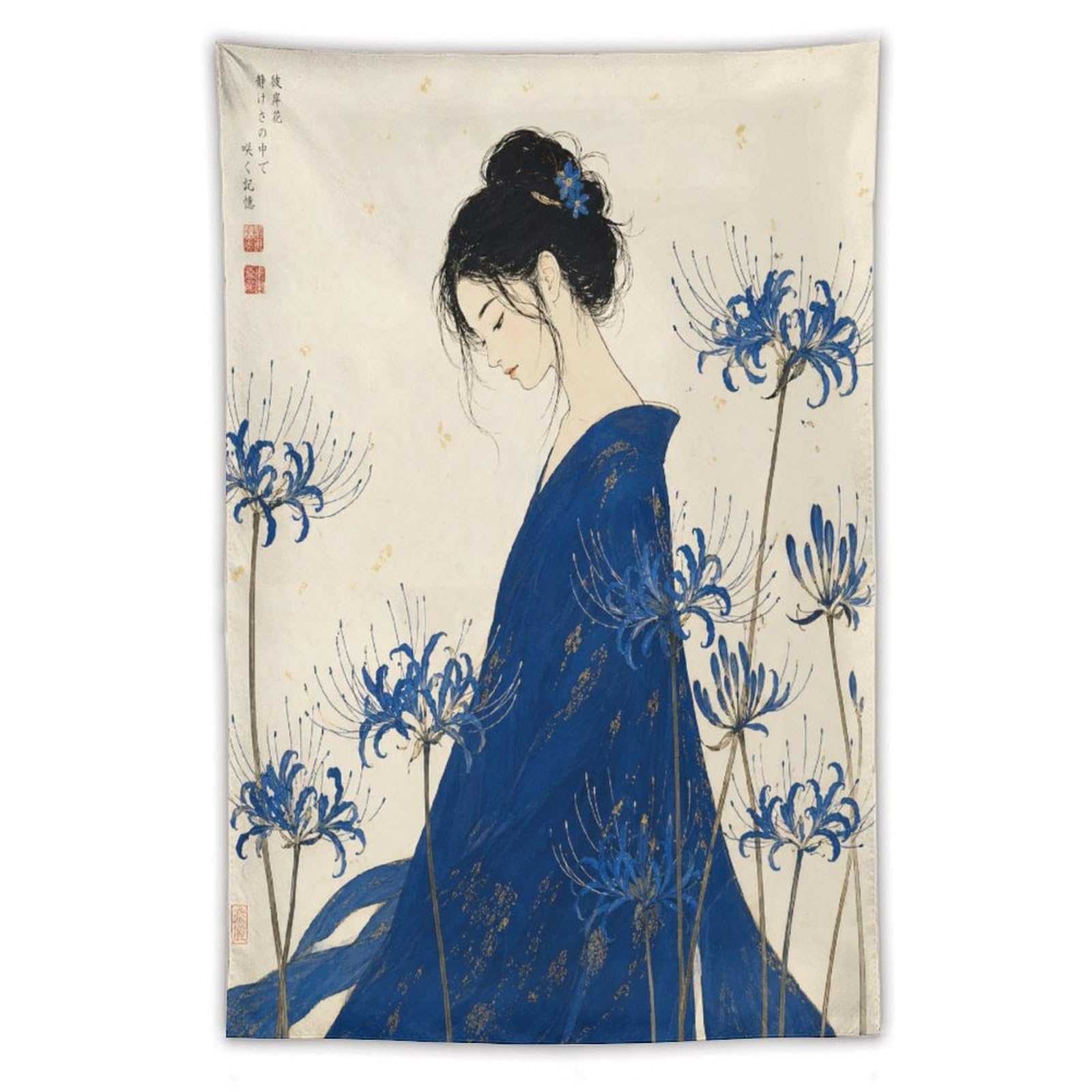 H3B8U2Y5 Blue Kimono Woman Wall Tapestry, Ukiyo-e Style, Chrysanthemum Ink