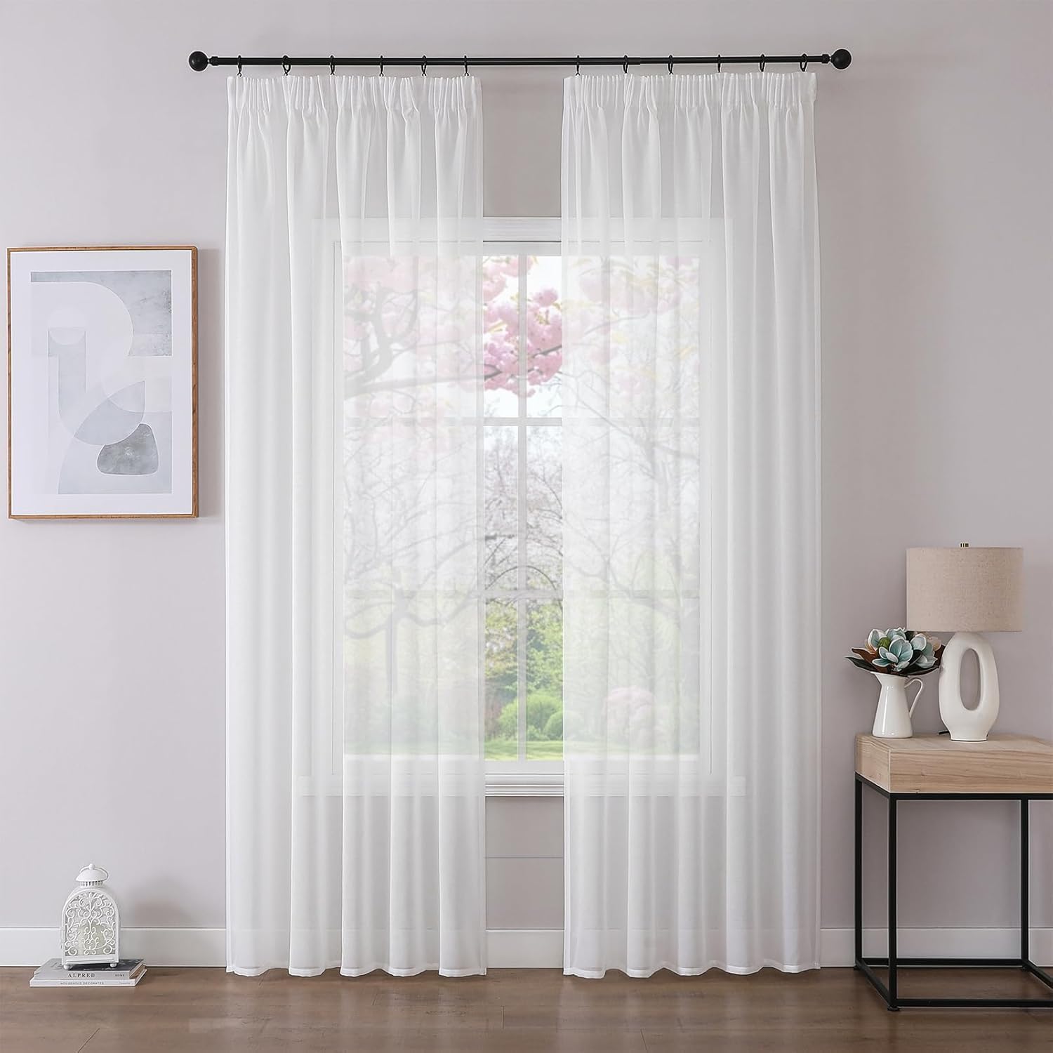 Joydeco 2er Set H220 x B140 cm Weiß Gardinen mit Kräuselband Sheer Voile Lang Vorhänge Durchlässig Polyester Curtains Modern Schlafzimmer Living Room