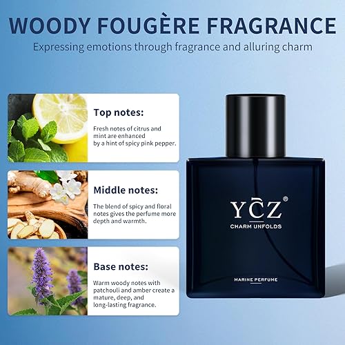 Miniatura 3 de Ycz Charm Unfold - Perfume marino para hombres, 1.7 onzas. Eau de Parfum Colonia de larga duración para hombres, fragancia de madera oriental, uso