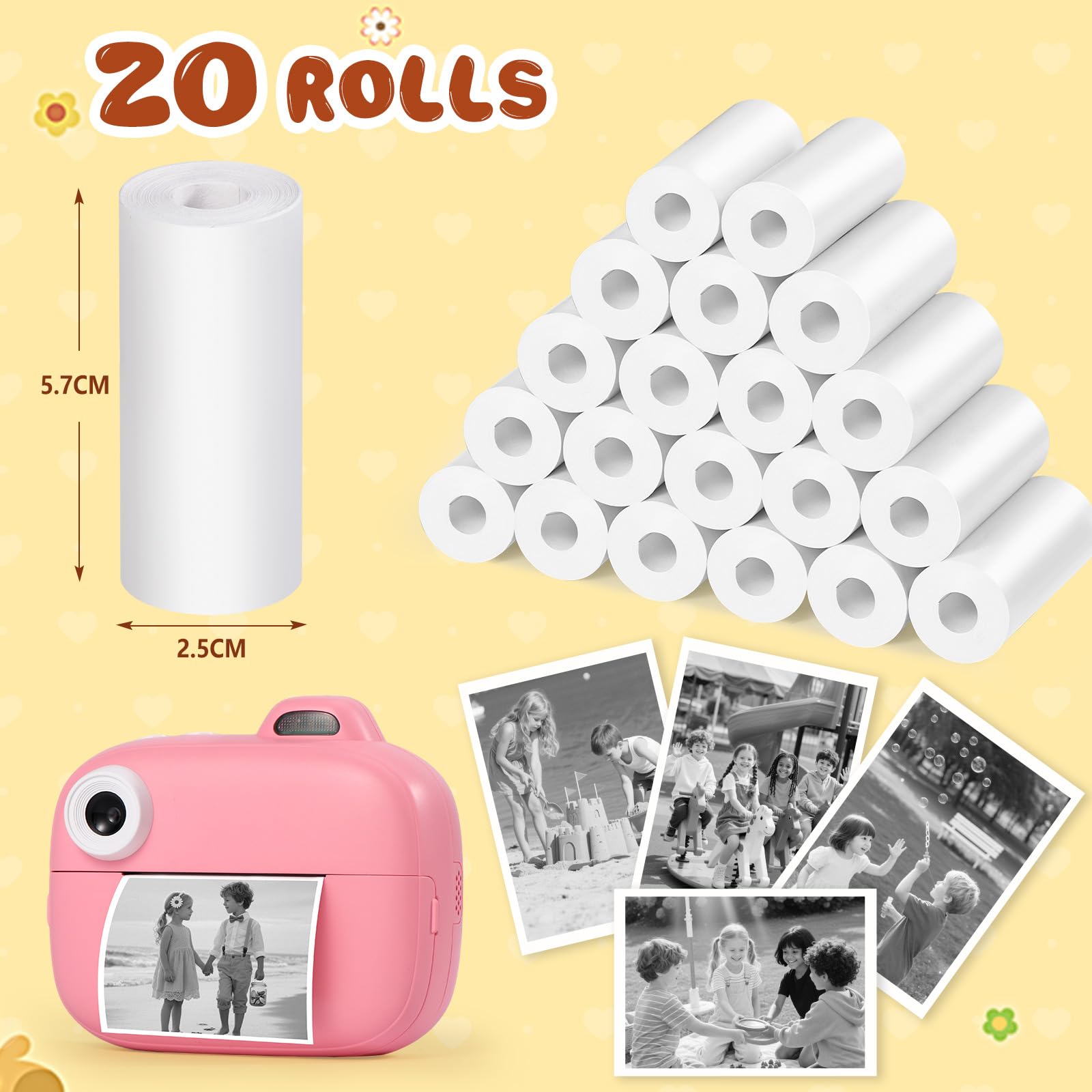 Diboniur 20 rolek papieru termicznego do aparatu dla dzieci, natychmiastowy papier fotograficzny do aparatu, natychmiastowy papier do druku z ładowaniem aparatu dziecięcego