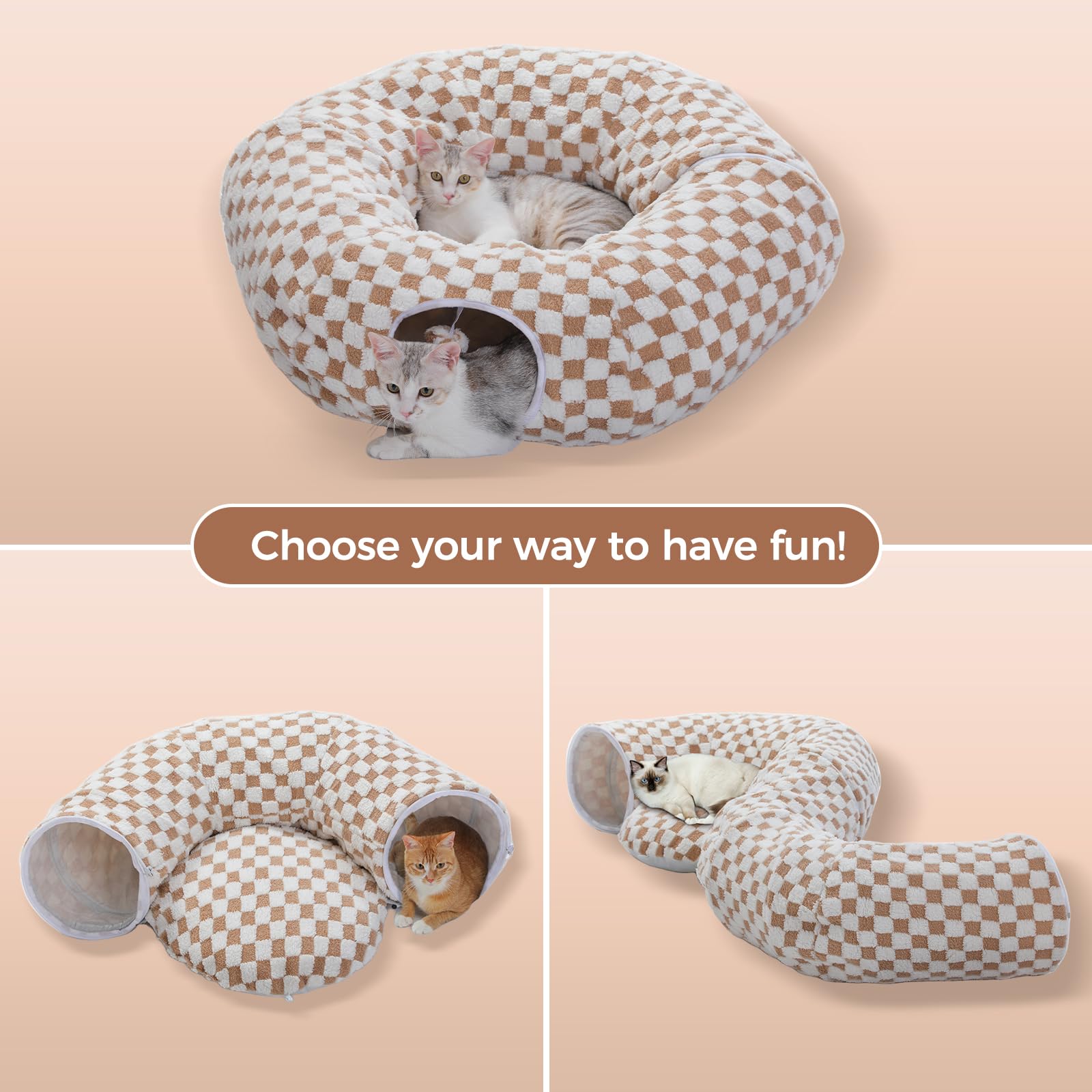 PEQULTI Túnel para gatos con cama para gatos de interior, túnel de dona con alfombrilla de felpa suave lavable, túnel redondo para gatos, lindo tubo para gatitos, cachorros, conejos y hurones, marrón