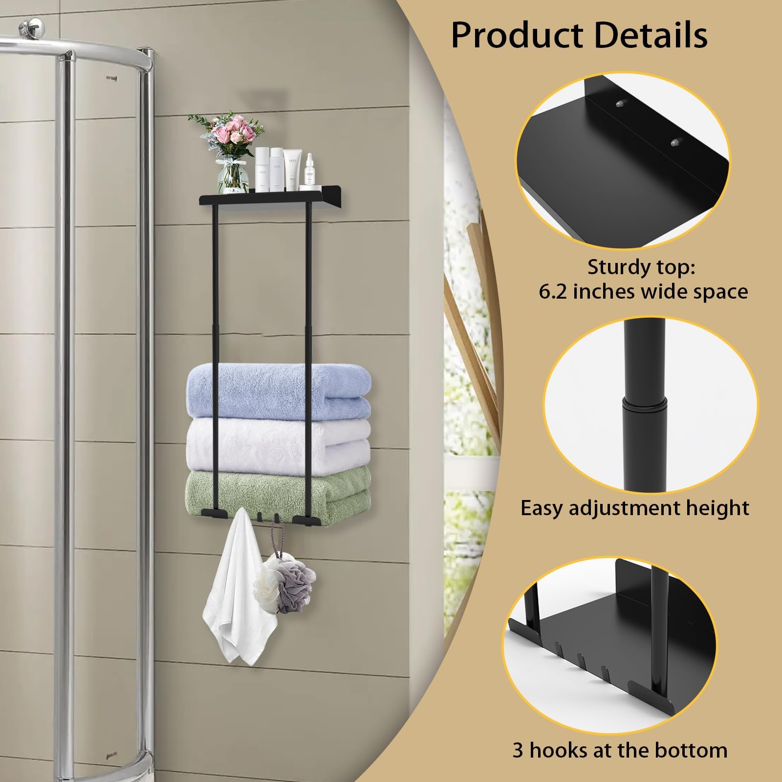 Portasciugamani Senza Foratura - Nero - Portasciugamani Da Bagno Montaggio A Parete Con 5 Ganci Per Asciugamani 58 Cm 87293065