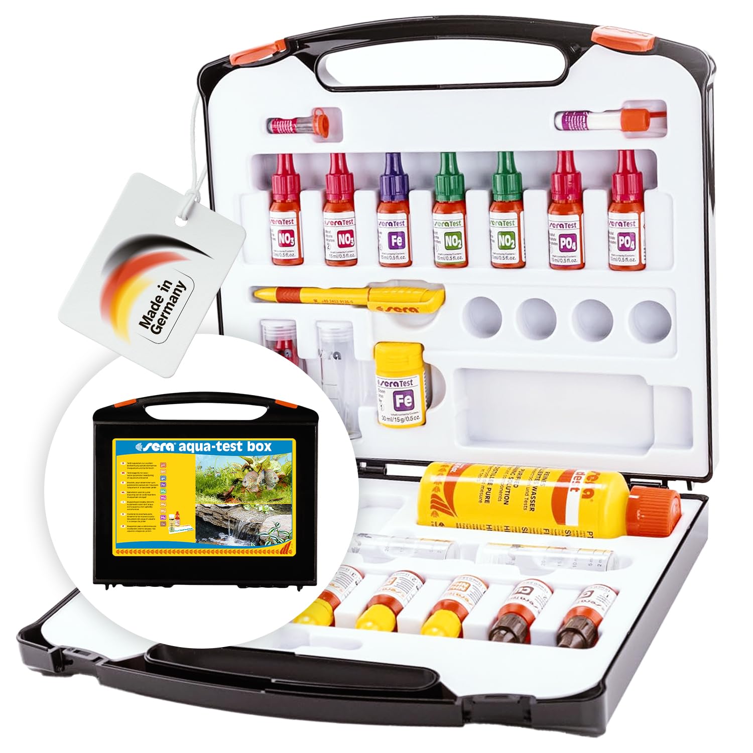 sera Aquarium Wassertest Box | Wasser-Testkoffer für Fortgeschrittene | pH, GH, KH, NH3/NH4, NO2, NO3, PO4, Fe und Cu | schnell, genau, professionell