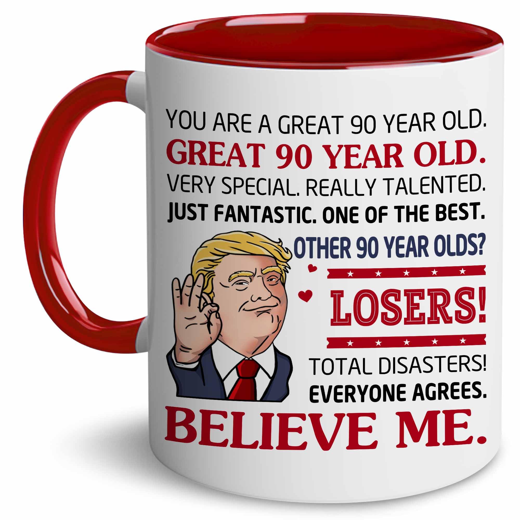 BECHUSKY 90th Birthday Mug - 11oz Ceramic - Great 90 Years Old - Red Vintage Mug for Men Women - Christmas Birthday Gift