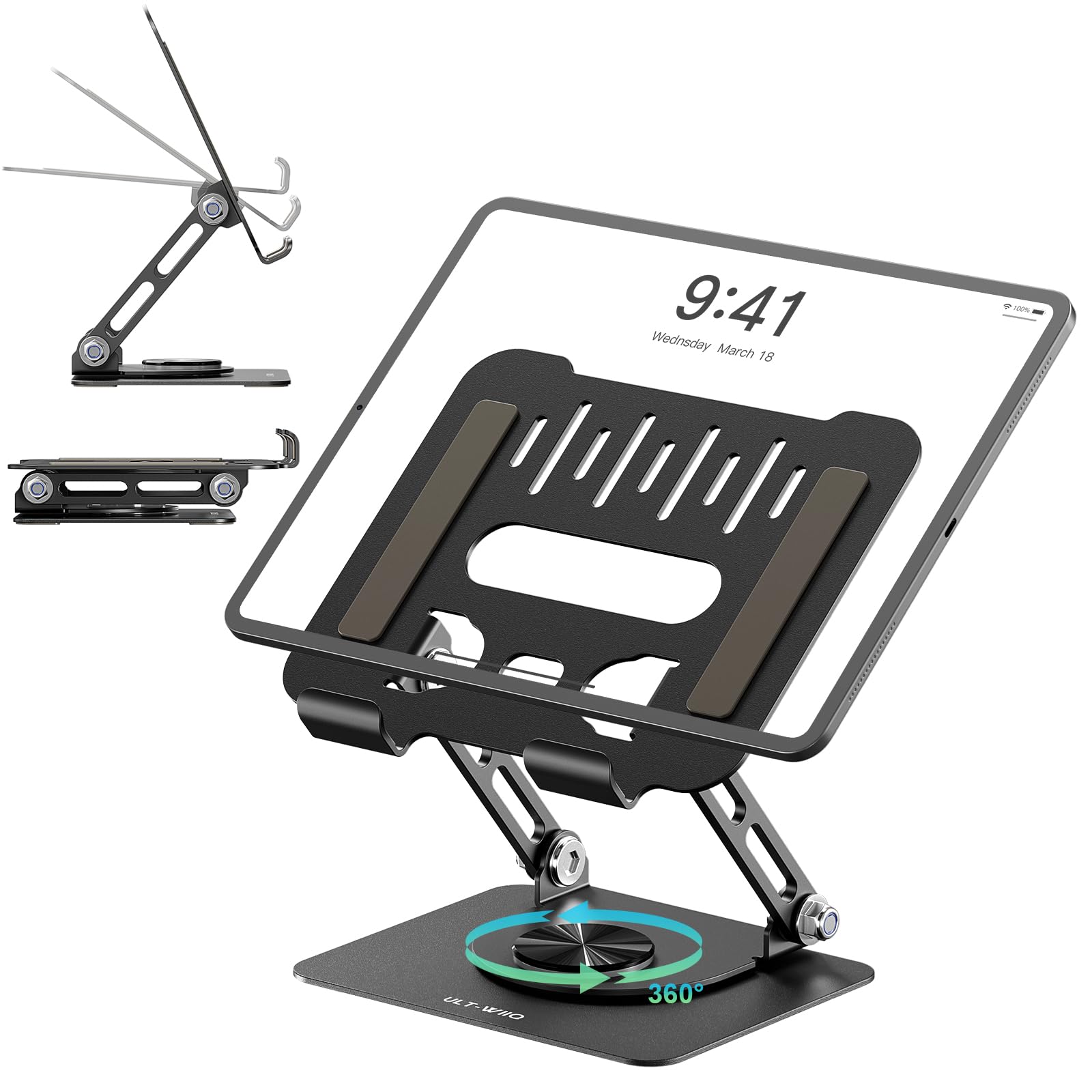 ULT-WIIQ Adjustable Tablet Stand for Desk With 360 Rotating Base - Aluminum Foldable Portable iPad Holder for iPad Pro/Mini and Other Tablets - Black