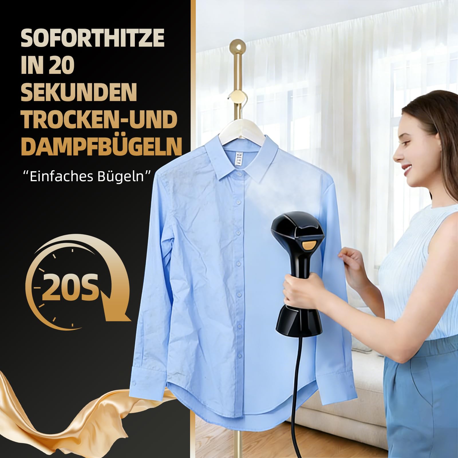 YueLi Hand Steamer Dampfglätter 2000W & 300ml Wassertank – Tragbares Kompaktgerät für Nass-Trockenbügeln Mit Hochleistungs-Dampfbürste | Inkl. hitzebeständige Handschuhe (Schwarz)