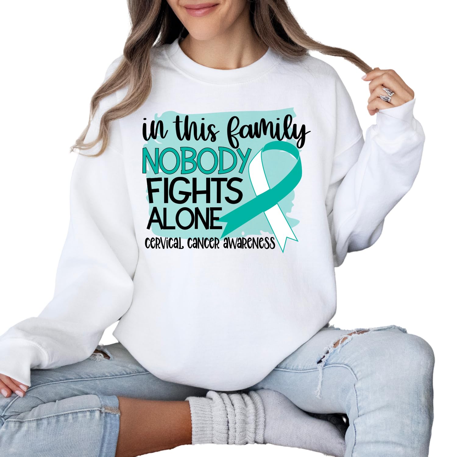 Cervical Cancer Awereness Unisex Sweatshirt, In This Family Nobody Fights Alone Sweater-Hoodie, Cancer Ribbon Sweatshirt,Cervical Cancer Sweatshirt