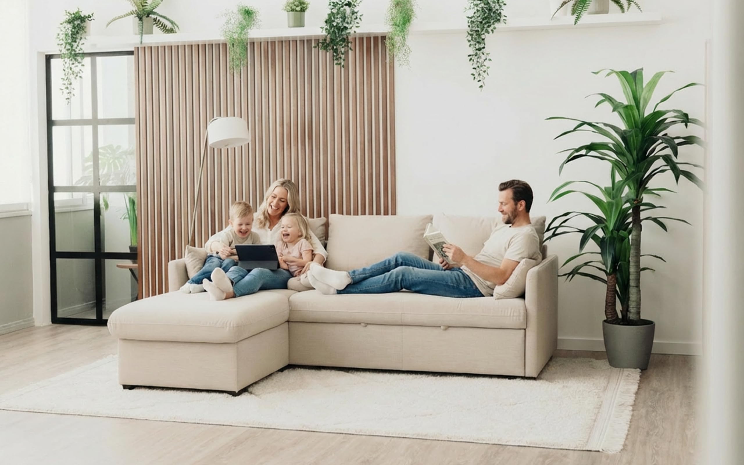 BUDWING Orlando Hogar Sofá Cama 3 Plazas Chaise Longue Esquinero Reversible Izquierda o Derecha con Arcón Tapizado Tela Beige Sofá de Salon Decoración de Hogar Cojines y Tapicería 221 x 162 x 90