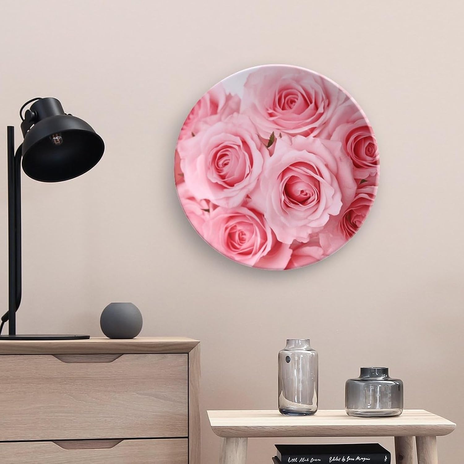 Pink Fresh Roses Decorative Plates for Display Round Porcelain Plate Living Room Table Ceramic Hanging Decorative Plate Art Decor for Living Room Table with 1 Display Stand 10inch