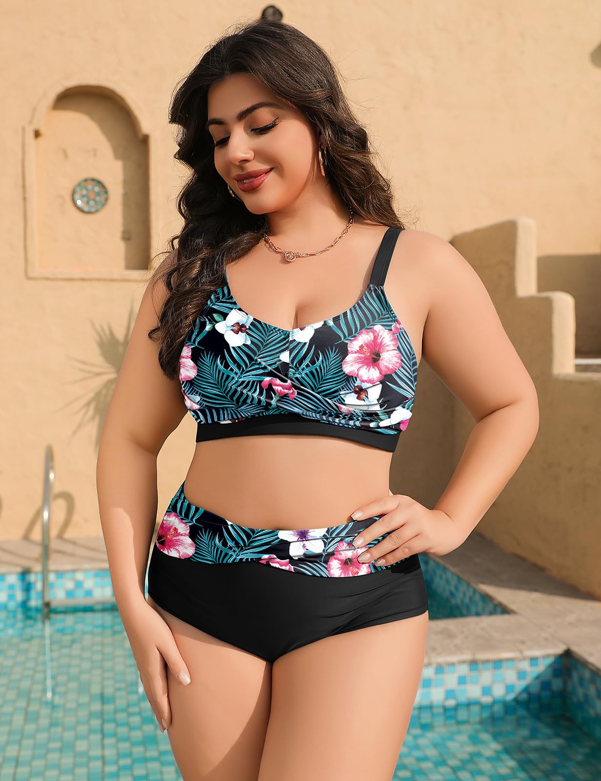 heekpek Maillot de Bain Femme 2 Pieces Grande Taille Bikini Taille Haute Col en V Maillot de Bain Ventre Plat Femme Push Up Rembourré Ensembles Maillots Deux Pièces