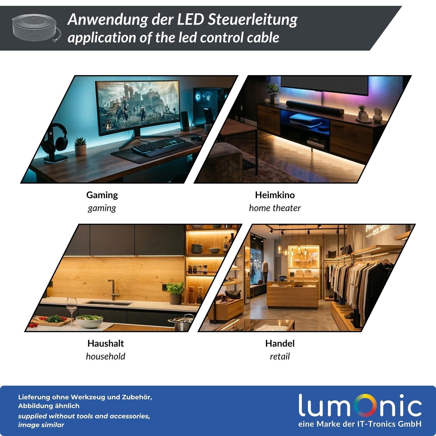 Lumonic 4x0,34mm² RGB LED Linea di controllo nero 20m | cavo flessibile a 4 conduttori con guaina | LiYY Estensione, Cavo di alimentazione, Linea di alimentazione LED, Cavo di controllo