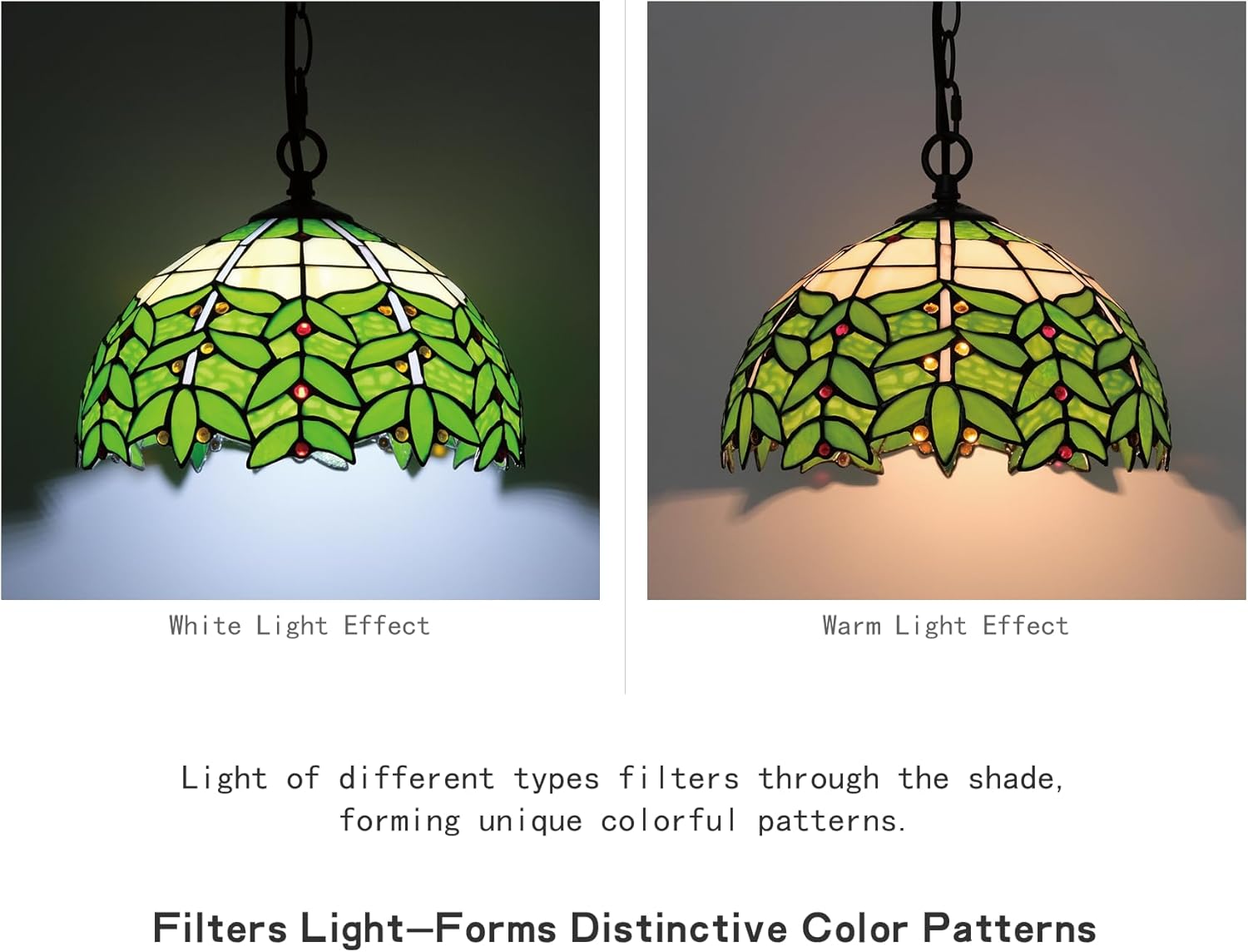 Tiffany Stained Glass Pendant Light Plug in, 12" W Green Willow Leaf Pattern Beige Hanging Lamp, 60" Chain 15' Cord for Living Dining Bedroom Kitchen Island Office (Green Willow Leaf)