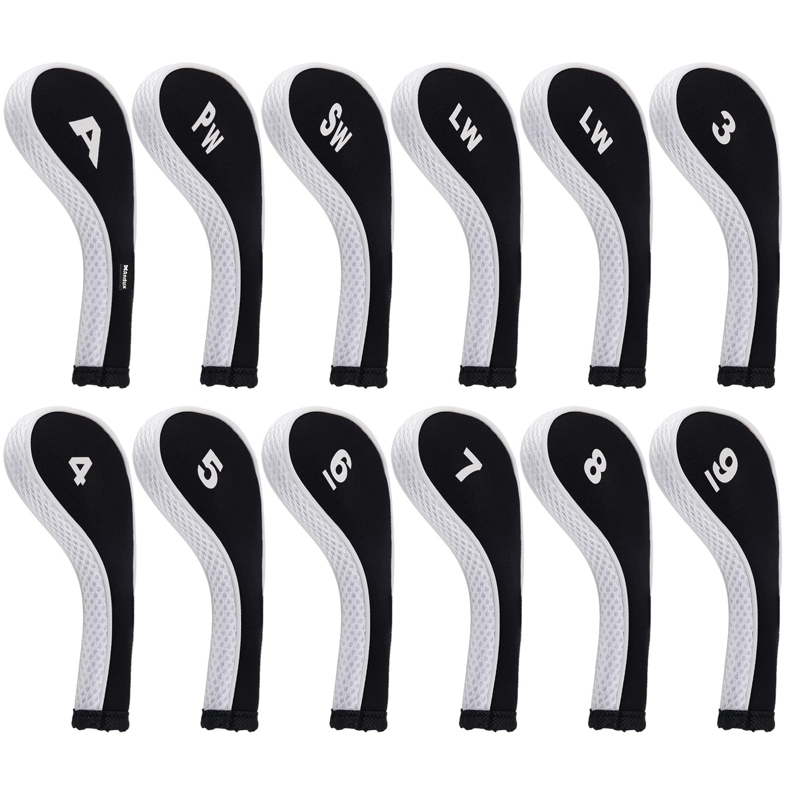 Andux La Tête de Club de Fer de Golf d'impression de Nombre Couvre Le Long Cou avec la Tirette Lot de 12 Noir/Blanc