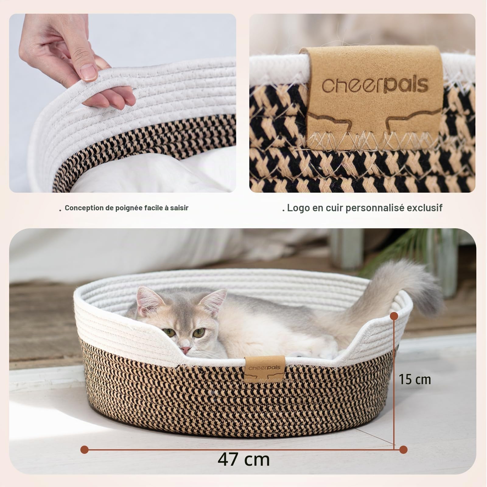 CheerPals Panier Chat Tressé en Corde, Lit pour Chat Respirant au Design Artisanal, Panier Rond et Douillet pour Toutes Saisons, Style Nordique, 47x47x15 cm