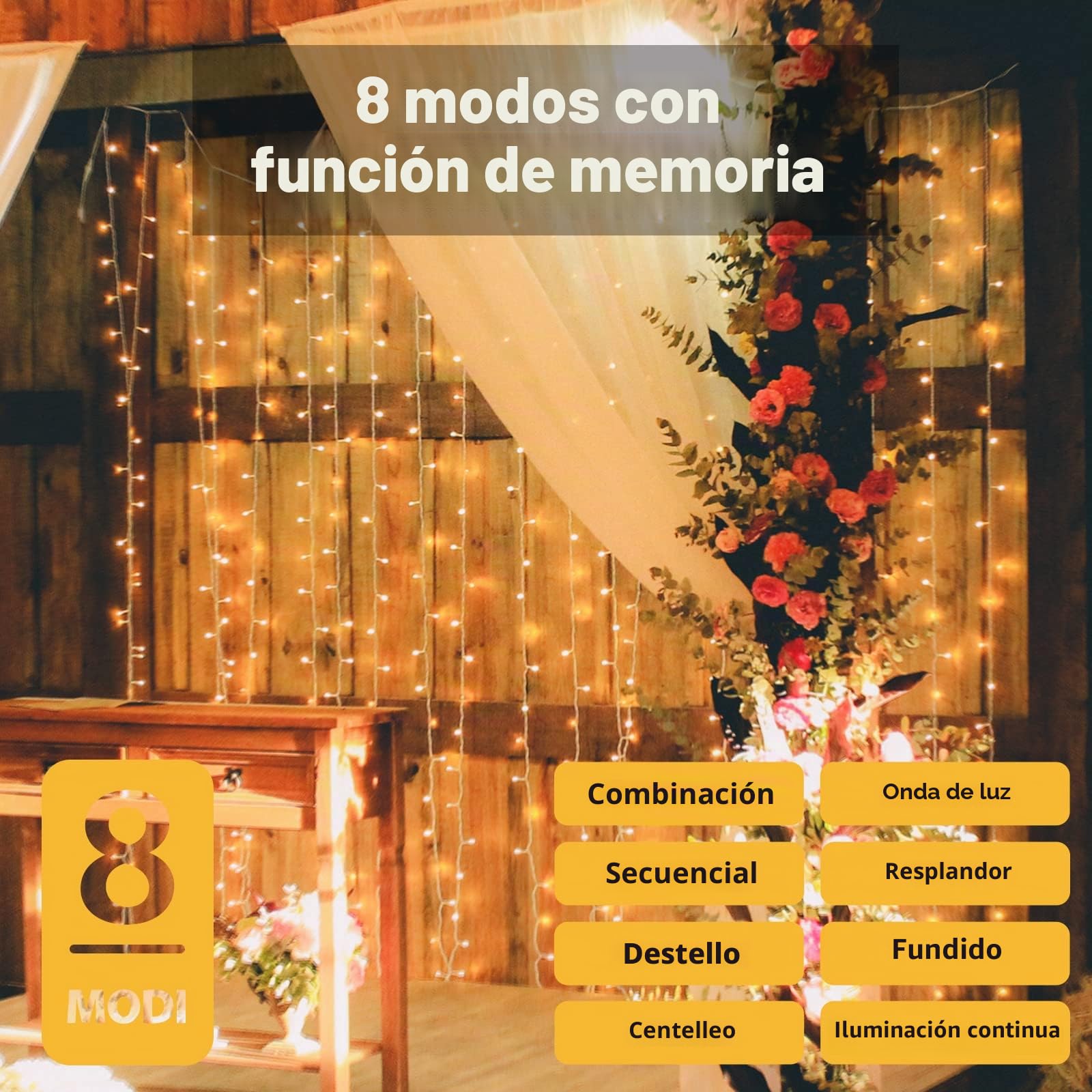 SALCAR Cortina de luces LED, 6 * 3m LED cadena, impermeable 600 LED tira para sala de estar, jardín, terraza, fondo de TV, patio, etc. - Blanco cálido