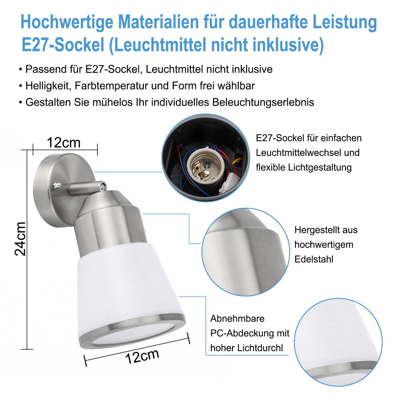 2 Stück Wandleuchte Aussen mit 350° Schwenkbar, IP44,Edelstahl,Silber | E27 Fassung Außenlampe für Hauswand Garten