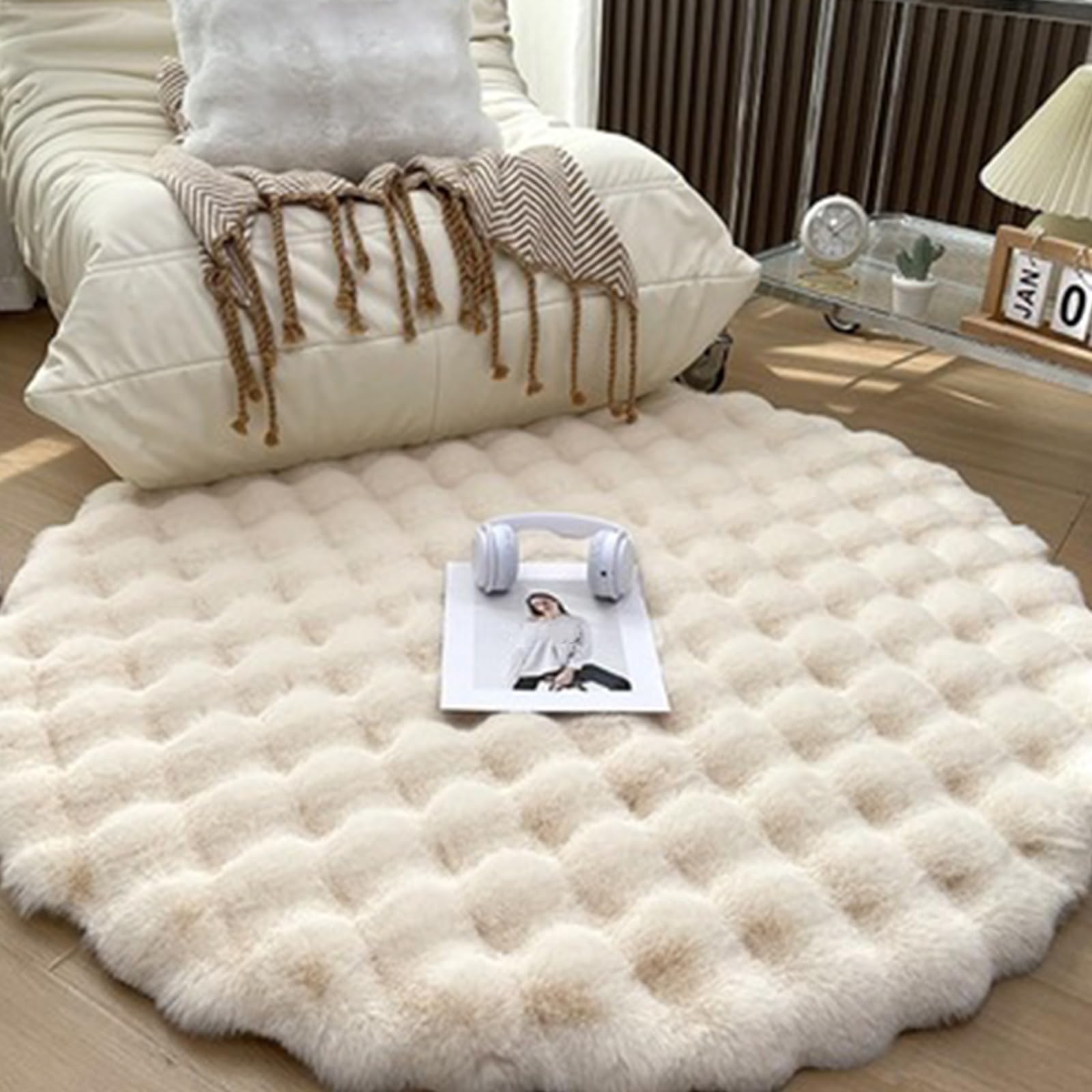 Weiche Flauschige Runde Teppiche aus Kunstfell rutschfest und Extra Dick – Ideal für Schlafzimmer, Wohnzimmer und Kinderzimmer,Beige,100 cm