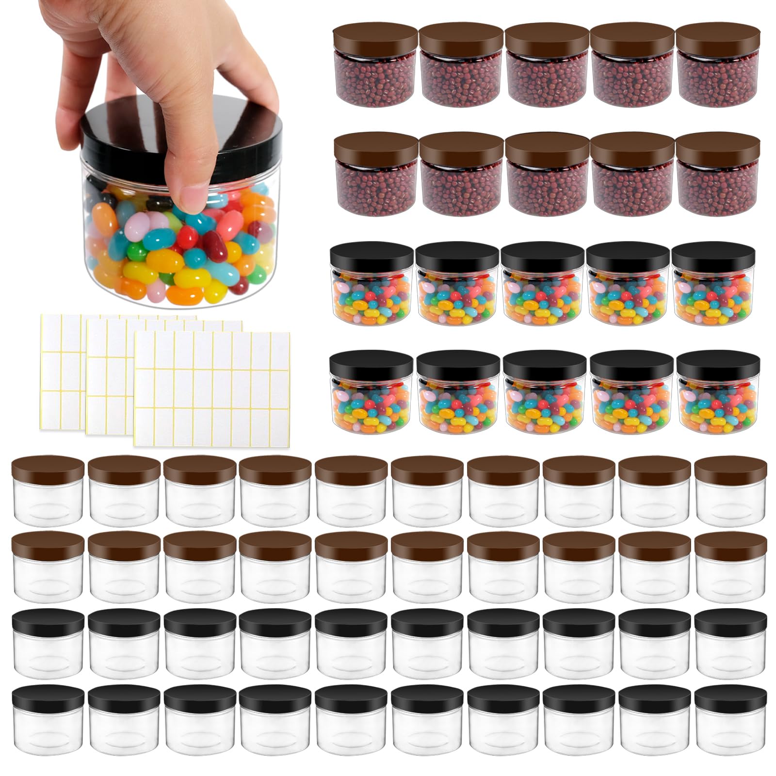 60 tarros de plástico transparente de 10 onzas, recipientes cilíndricos redondos herméticos de rosca en boca ancha con tapas para alimentos, cocina, miel, mantequilla, cosméticos, 2 colores