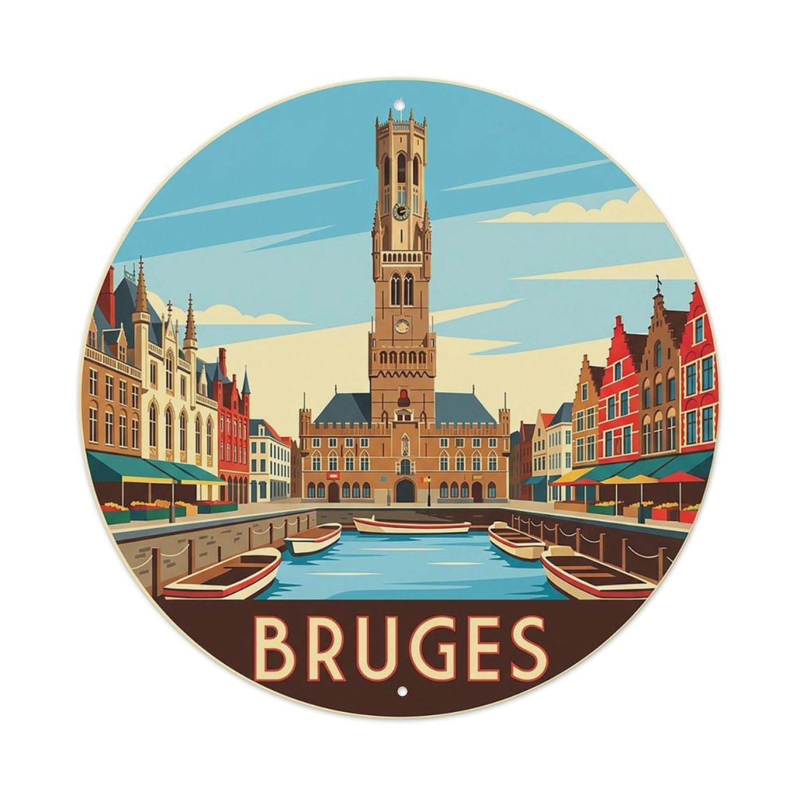 Belgium Retro Travel Bruges Vintage Metal Tin Sign Plaque Wall Decor for Cafe, Club Bar, Office, Garden Metal Poster 8x8Inch