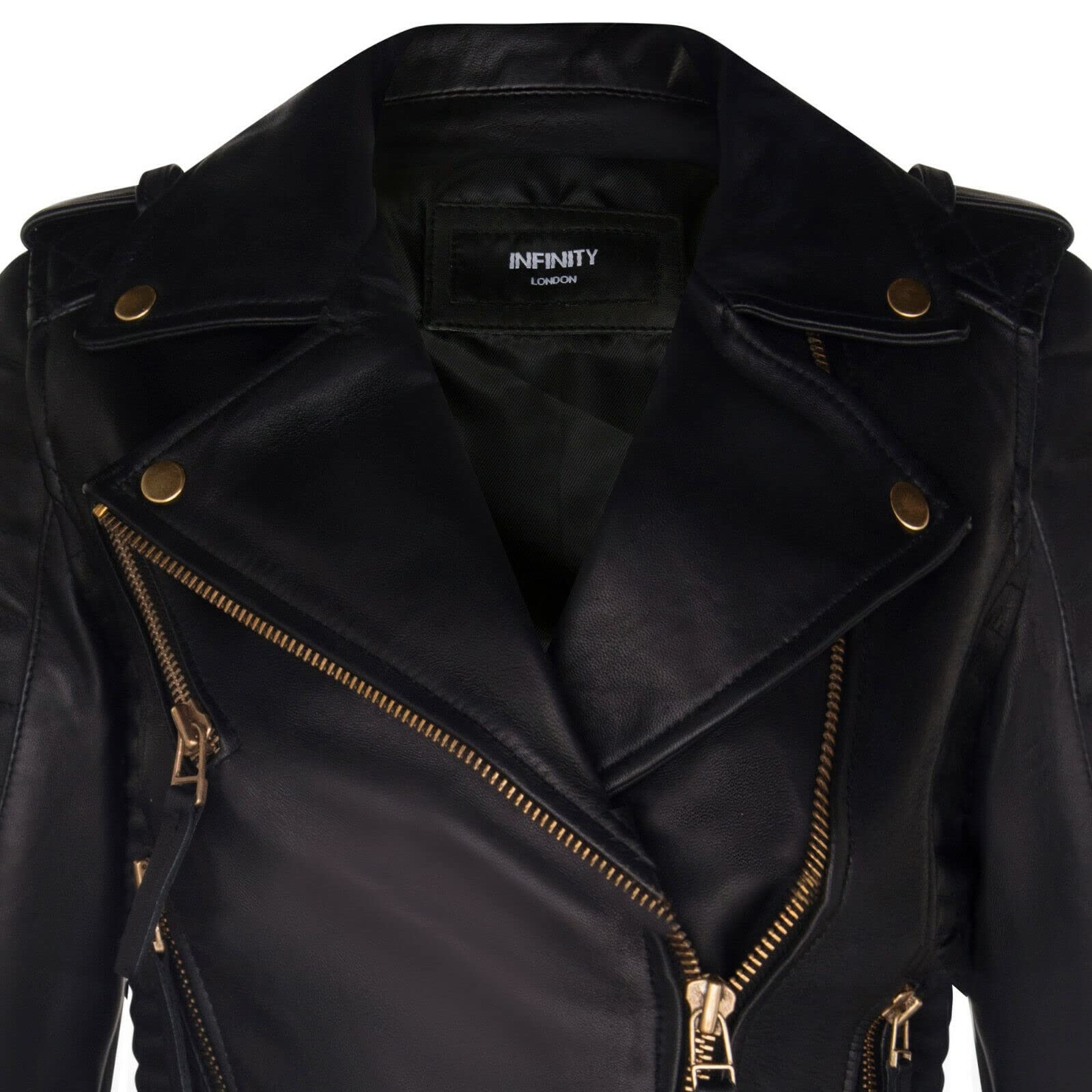 Infinity Leather Chaqueta para Damas en Napa Real Acolchada Negra y Dorada Mate Estilo Motero Gótico