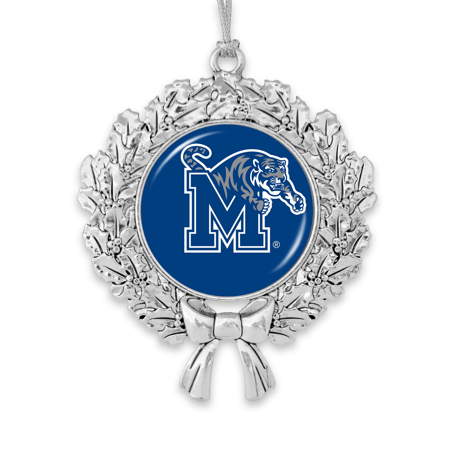 Memphis Tigers Wreath with Team Logo Silver Metal Christmas Ornament Gift Tree Decoration