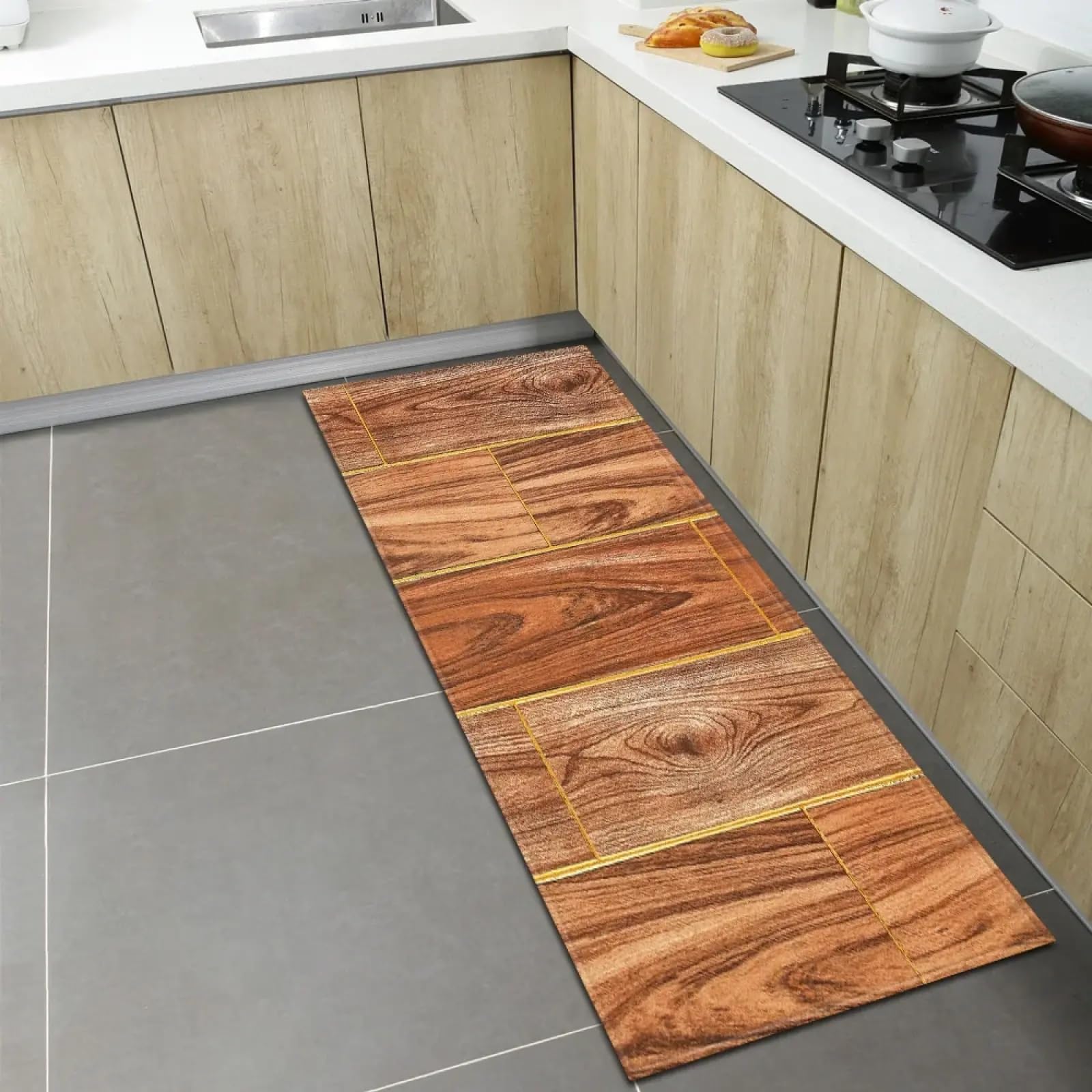 Alfombra de pasillo y salón 80x230 cm antideslizante con estampado rústico de madera