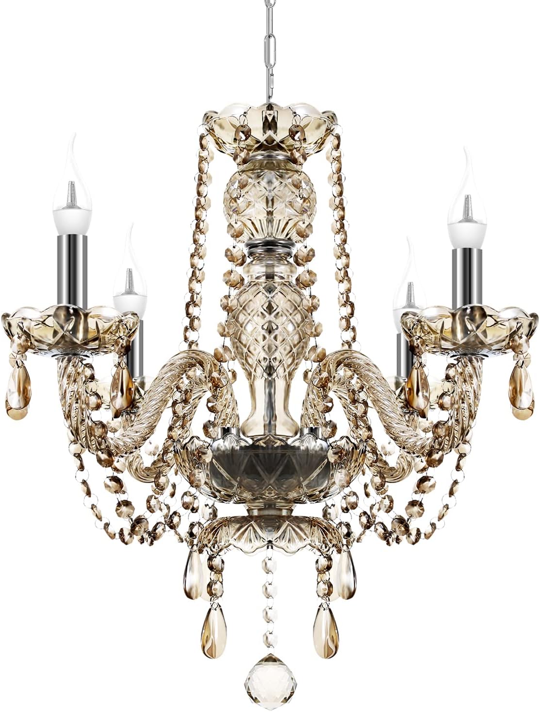 Cognac 4 Lights Chandelier Modern K5 Crystal Chandelier Adjustable Hanging Ceiling Pendant Lighting Fixture E12 Candle Style Chandelier for Living Room Bedroom Hallway Entry Restaurant