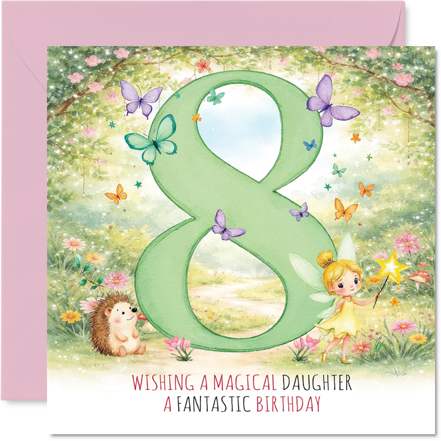 Cute 8th Birthday Card for Daughter - Sprinkle of Fairy Charm - Whimsical Green and Pink Number 8 with Butterflies and Magical Fairy - 145mm Square, Envelope Included