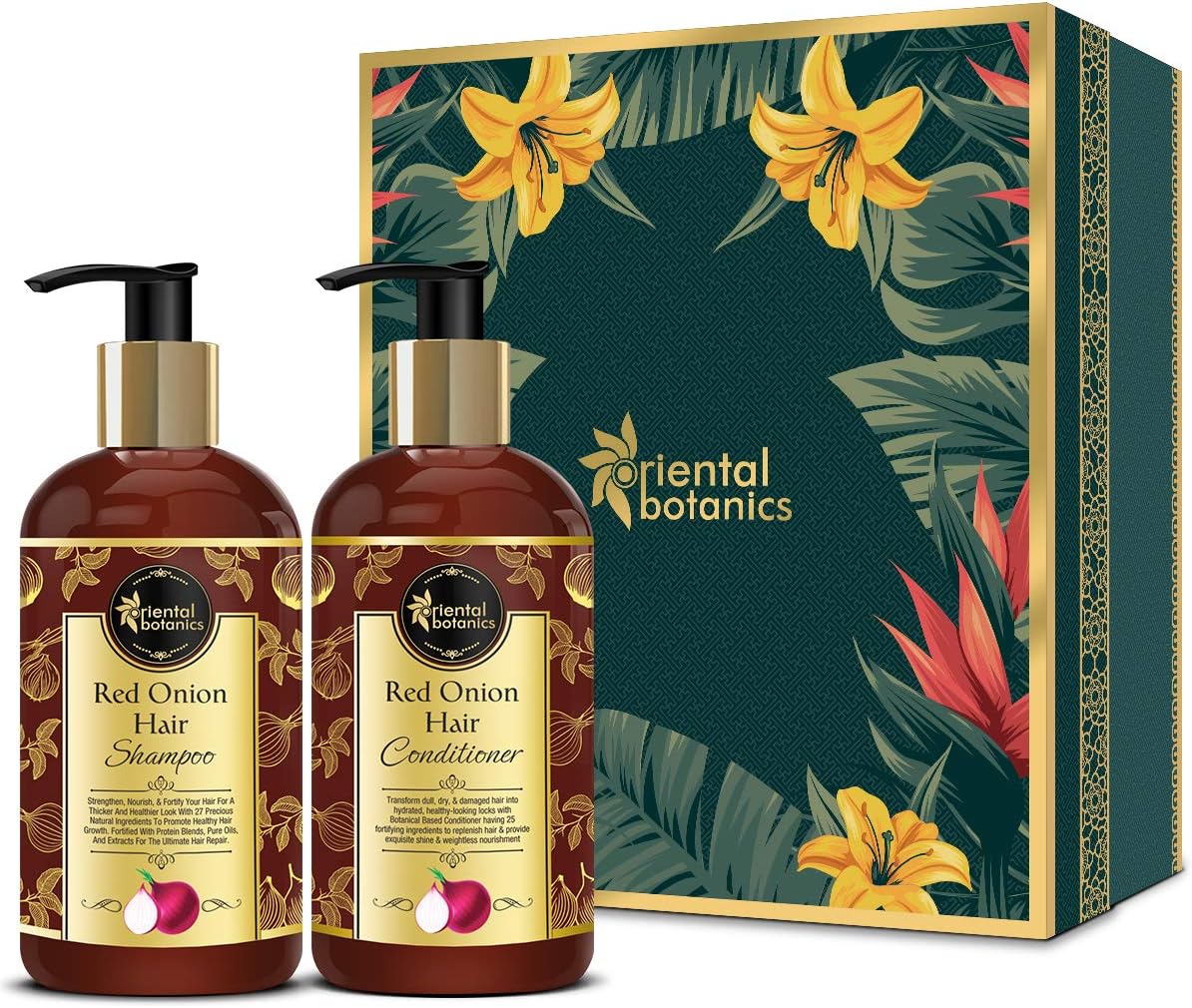 Oriental Botanics Red Onion Hair Shampoo 300ml + Red Onion Oil Conditioner 300ml Kit (set of 2) with Red Onion Oil for Strong & Healthy Hair | No Parabens & Sulphates | Cruelty Free & Vegan