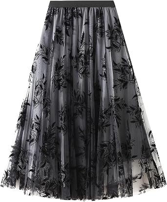 Womens Midi Length Skirt Layered Tulle A Line Skirts Embroidery/Floral Print Elastic Waist