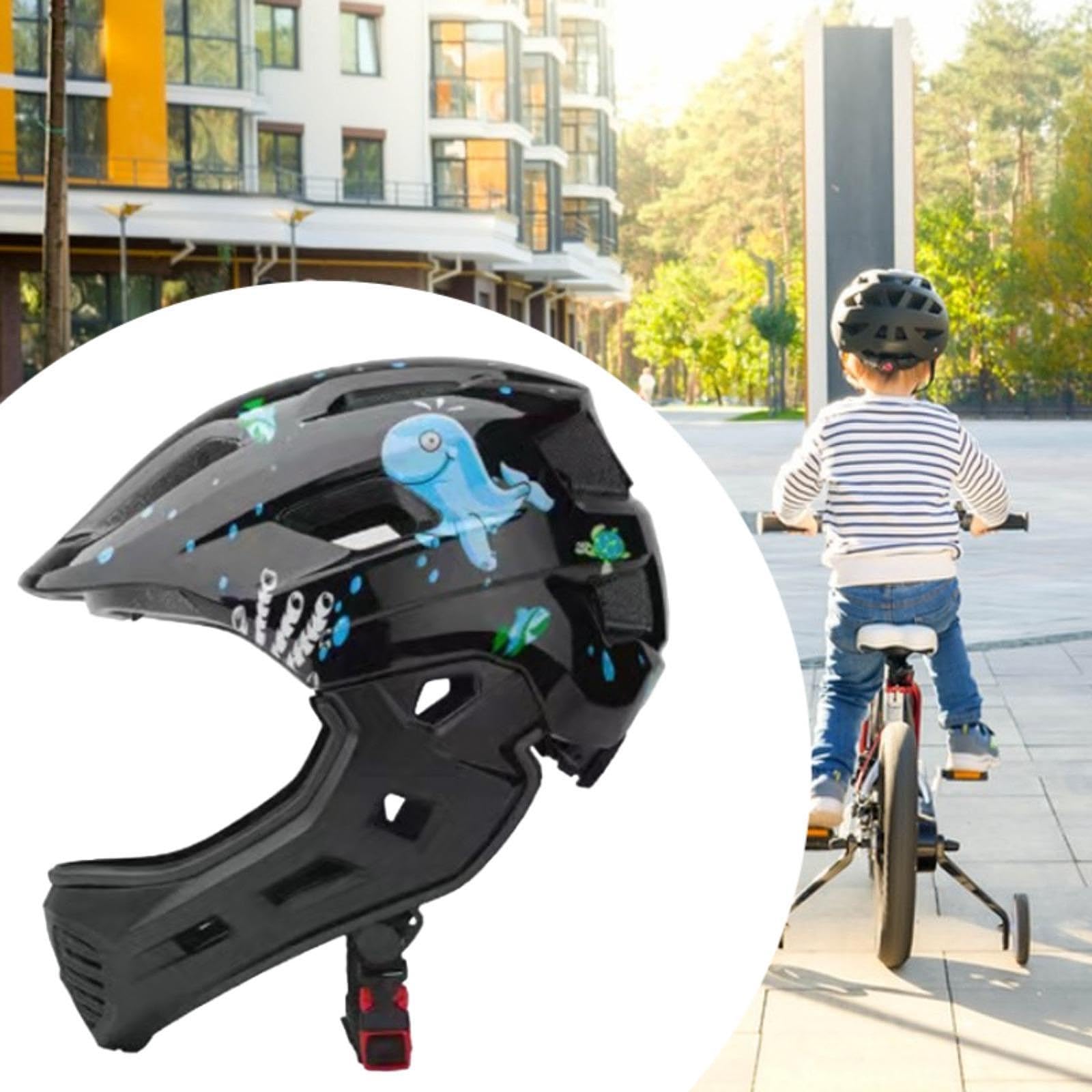 Casque Intégral Enfant Velo avec Mentonnière, Taille Ajustable 48-58 cm, Design Respirant, Lumière Arrière