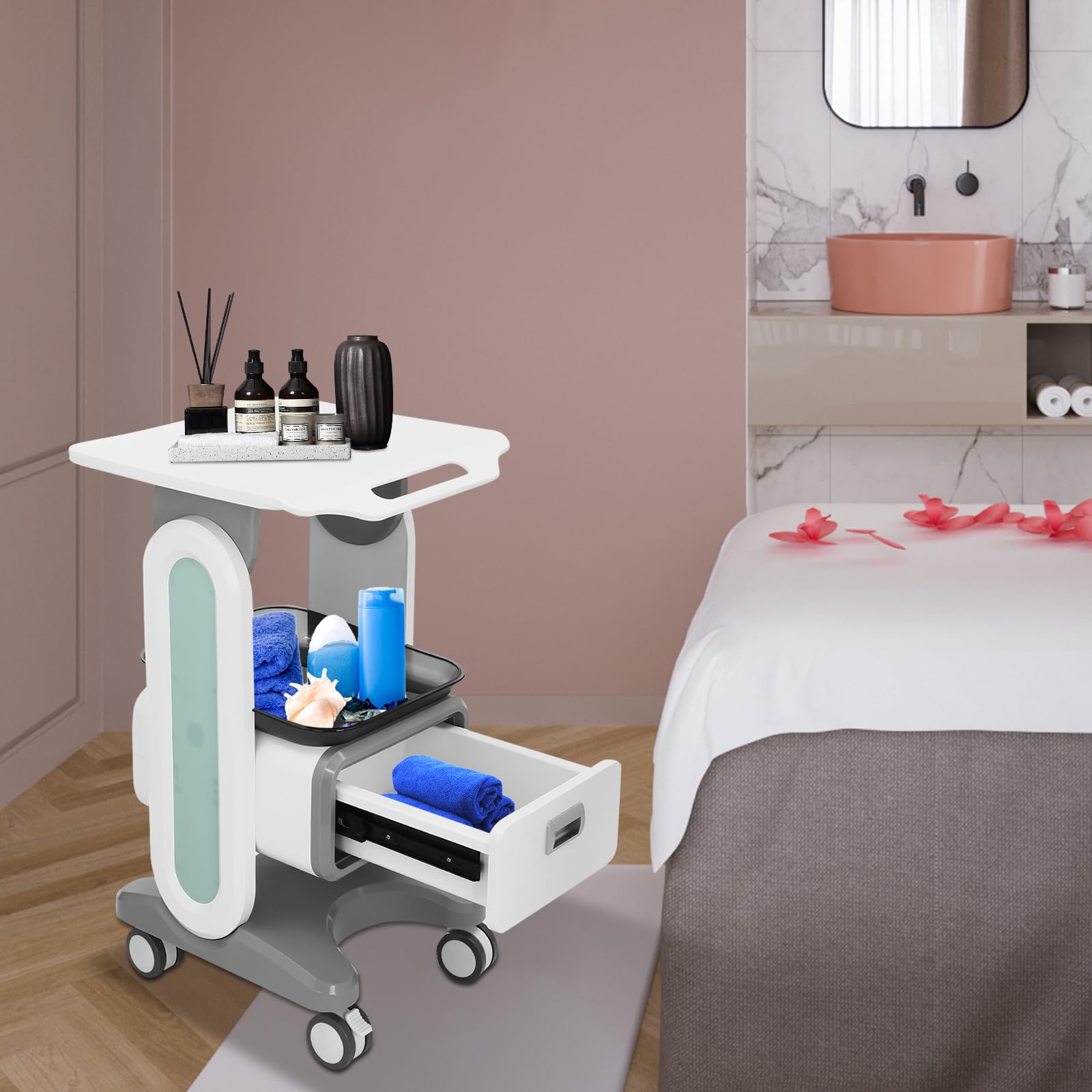 Kosmetikwagen mit 3 Etagen & 2 Schubladen, Profi Rollwagen für Salon & Klinik, Mobiler Behandlungswagen aus ABS-Material, 50kg Tragkraft, Servierwagen 41x41x67cm, Weiß-Blau