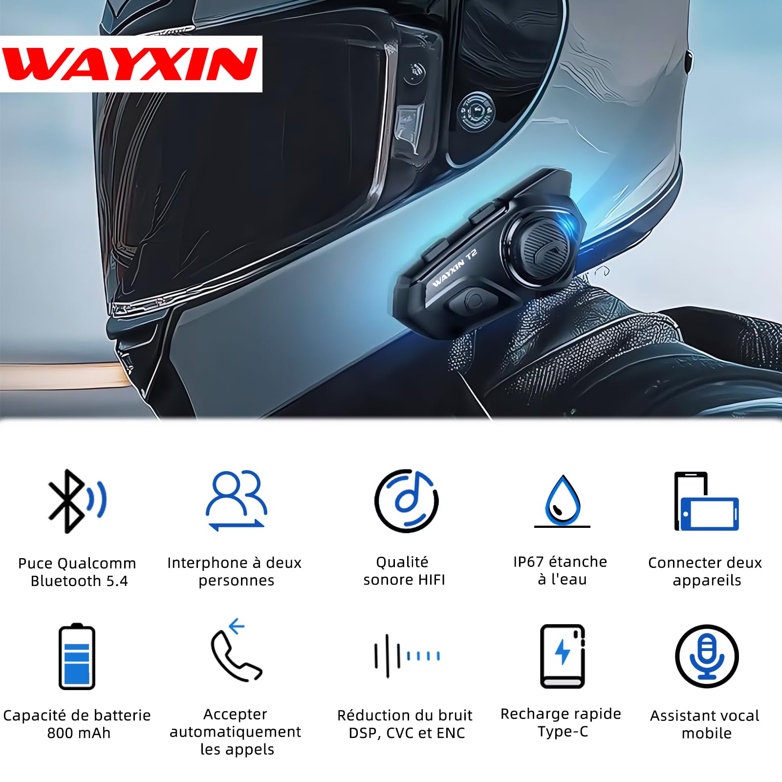 T2 Intercom Moto,Casque Moto Bluetooth Système de Communication 5.4, Suppression Bruit DSP&CVC/IP67 Étanche/Chaîne Hi-FI/Réponse Automatique Assistant/AI Intercom Casque (2pcs)