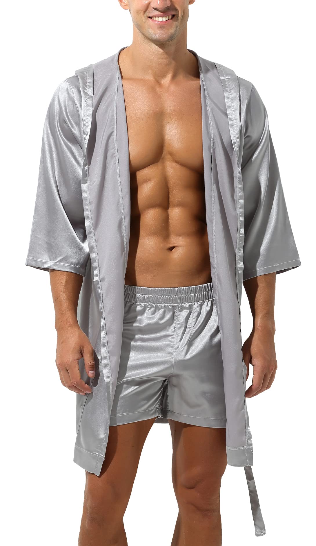 SEAURMen's Bathrobe Satin Silky Nightshirts Long Sleeve Nightgown 2 Pieces Pajama Set with Shorts Loungewear Luxury Bathrobes Soft Shawl Robe Casual Kimono Robe Hooded Shower Sleepwear，M-XL