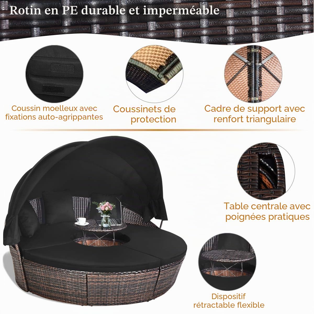 LIFEZEAL Transat Jardin Extérieur avec Coussin et 3 Oreillers, Bain de Soleil Rond avec Toit, Table Basse Réglable en Hauteur, Canapé-lit, Charge 360kg, Chaise Longue pour Piscine, Terrasse (Noir)