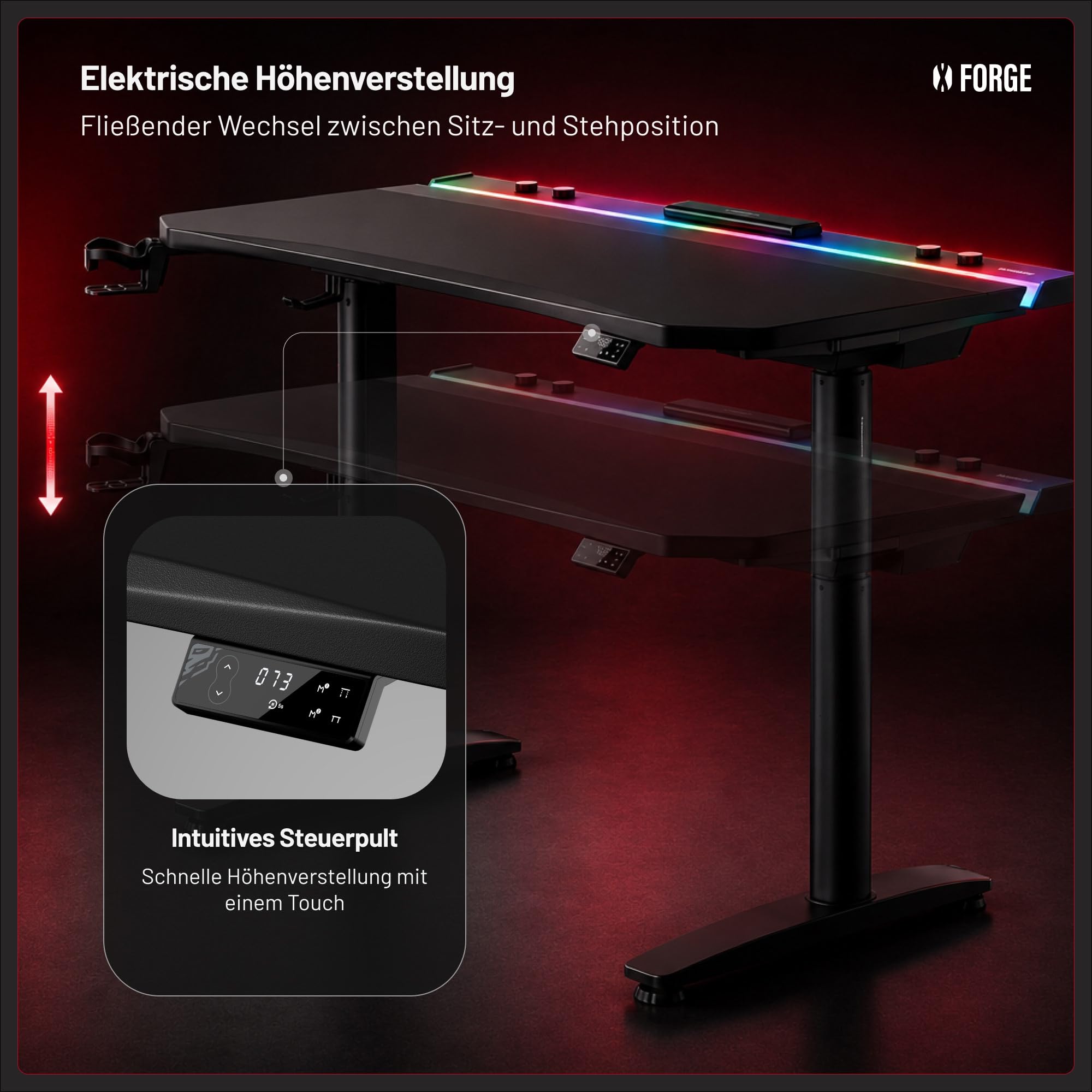 Diablo Gaming Schreibtisch höhenverstellbar Gaming Tisch RGB LED, 140x70 cm | Computertisch, PC Tisch elektrisch höhenverstellbar, Kabelmanagement, Headsethalter, Getränkehalter, ergonomische Tischplatte