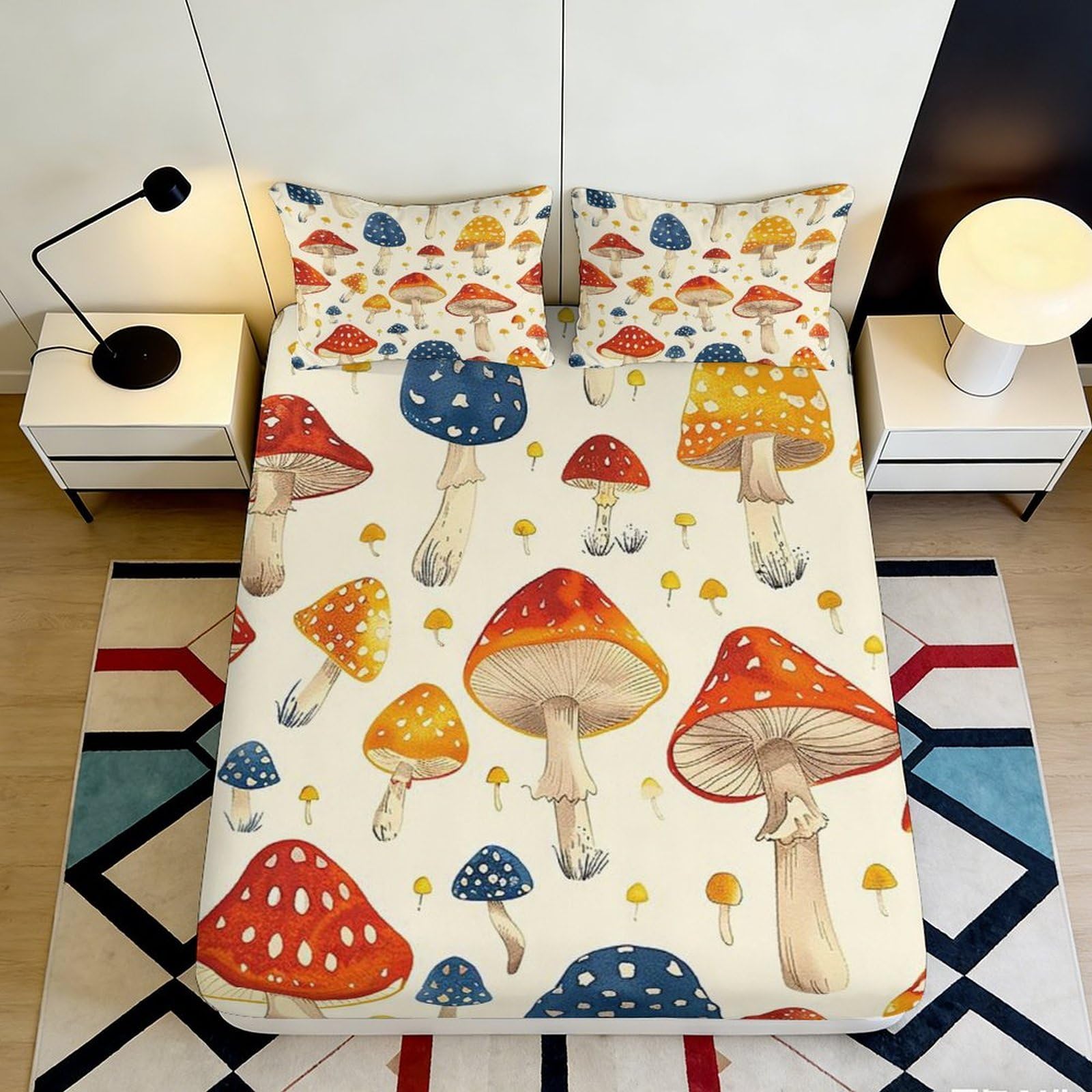 3D Printed mushroom Fitted Sheet, colourful forest pattern, soft touch Microfiber, wrinkle resistant, for bedroom or guest room decor, apartment bedding, easy care, 112 chars 90x200x25cm