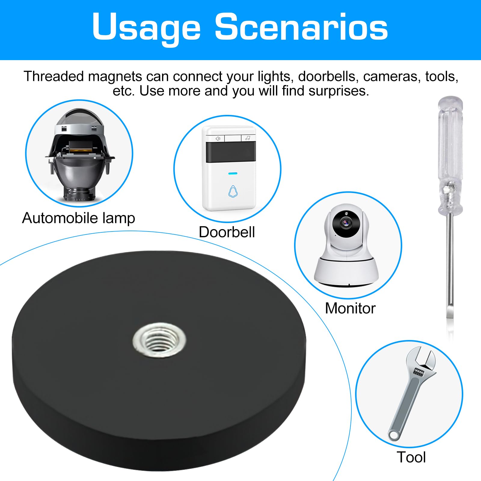 Magneti Al Neodimio Gommati - 4 Pezzi, Ø43mm, Forza 10kg, Con Perno Filettato M6, Per Sospensioni - Foto 4