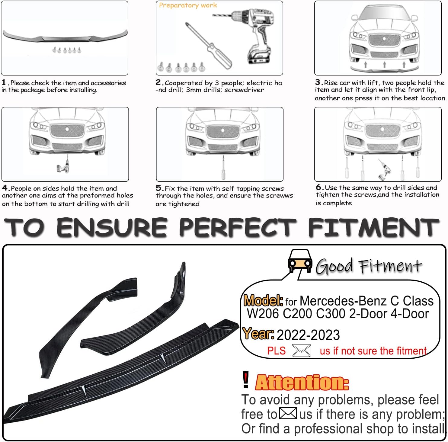 Carbon Fiber Front Bumper Lip for Mercedes-Benz C Class W206 2022-2023 C200 C300 2-Door 4-Door 3pcs/Set Front Chin Spoiler Splitter Protector Factory Outlet